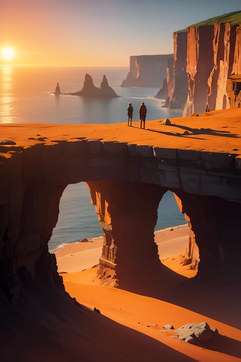 a group of people standing on a rocky planet, camera shot from the back, 2 suns in the sky , vast oceans surrounding cliffs and plains , greenery , orange sky , suns clearly visible