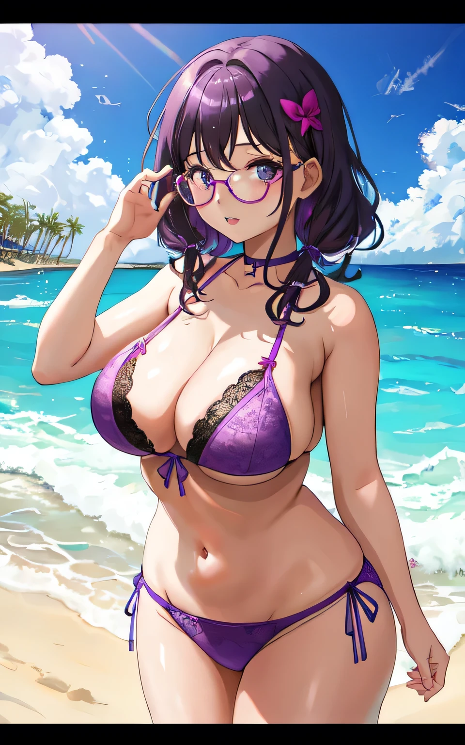 A with big breasts, plump body, round, in a purple lace bikini, on the beach, with glasses