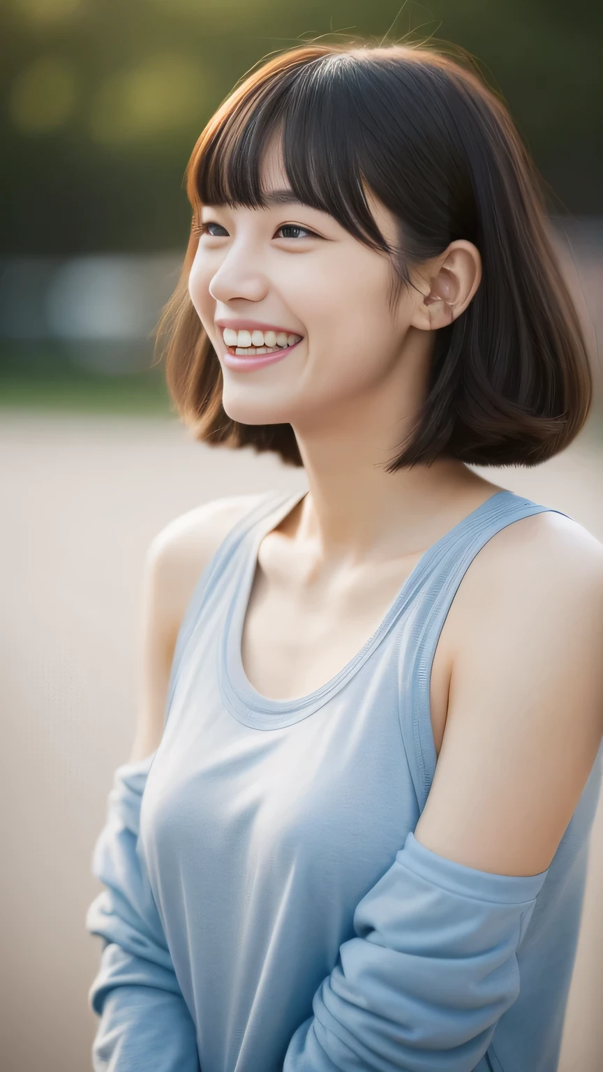 Beautiful woman、18-year-old 、Full Body Shot、Sweat、Sportswear、Arena、bangs、Laughter、Shortcuts