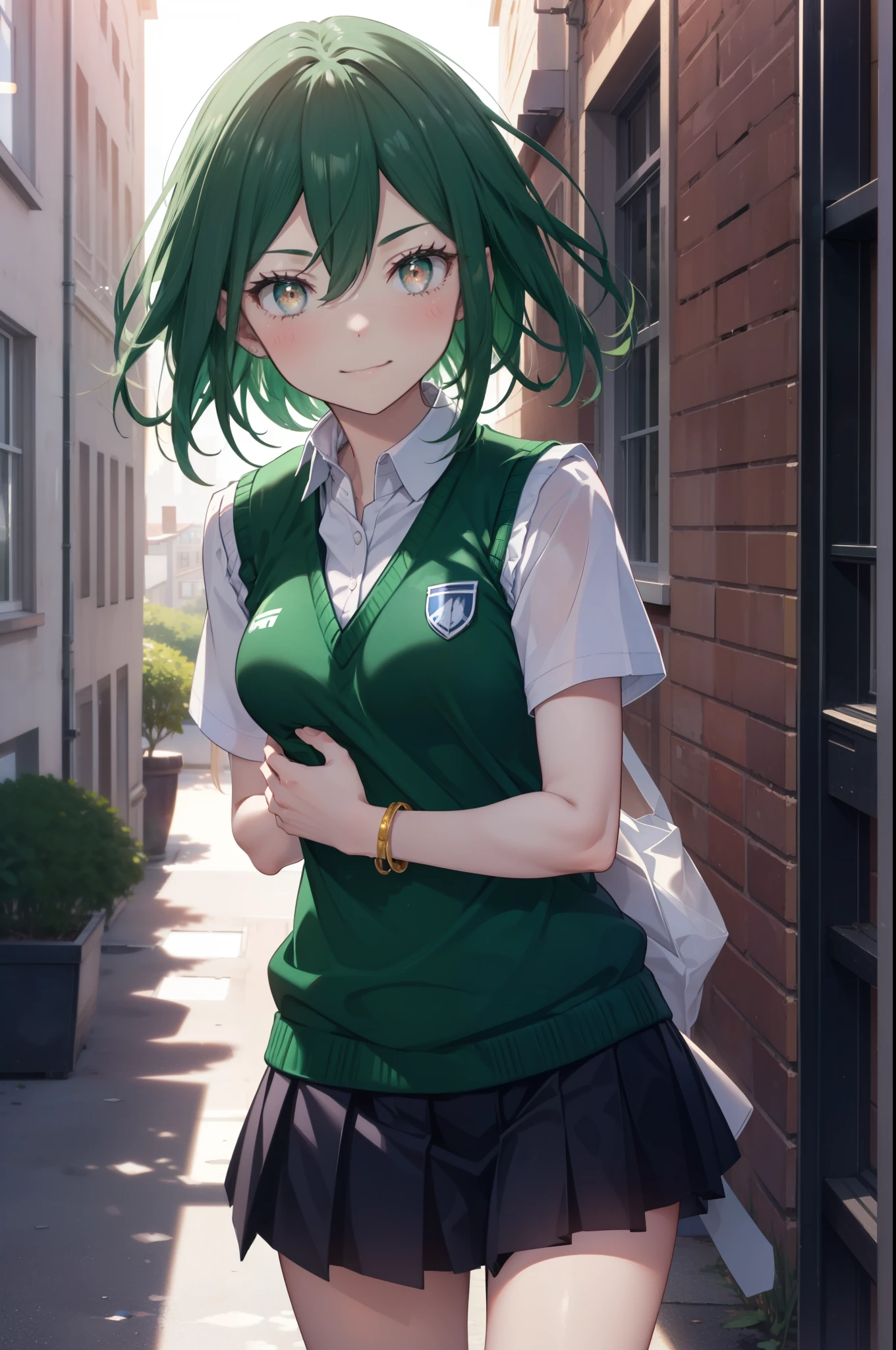 CruschKarsten, Crusch Karsten, Long Hair, Hair between the eyes, Green Hair, (Brown eyes:1.4),smile,,
Armband, White shirt,Short sleeve,Sweater vest, (green Sweater vest:1.5),Black pleated skirt,Black socks,Brown Loafers,whole bodyがイラストに入るように,Sunset,evening,The sun is setting,歩いている
break outdoors, School　courtyard,
break looking at viewer,whole body,
break (masterpiece:1.2), highest quality, High resolution, unity 8k wallpaper, (shape:0.8), (Beautiful and beautiful eyes:1.6), extレムely detailed face, Perfect lighting, extレムely detailed CG, (Perfect hands, Perfect Anatomy),