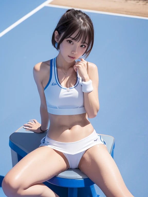 (Solo), (a detailed full-body RAW photo of a girl), (masutepiece:1.0), (Best Quality:1.4), (超A high resolution:1.2), (Photorealistic:1.4), 8K resolution, Canon EOS R5, 50 millimeters, absurderes, ultra-detailliert, (40yo), Cinematic lighting, Detailed beautiful face, (no-makeup:1.2), (ulzzang -6500-v1.1),  figure, Detailed skin texture, (flat chest:1.4), (skinny and fit body:1.6), Detailed brown hair,  sweltering,(Very short hair:1.5), no bra, (blue and white thin, competition tennis wear:1.5), (mini skirts:1.2), upskirt, wind, More transparent, realistic glistening skin, Detailed texture, Cameltoe, well-developed abs, wet wear, looks lively, blue sky, (satomi ishihara:0.7), (sit and open legs)