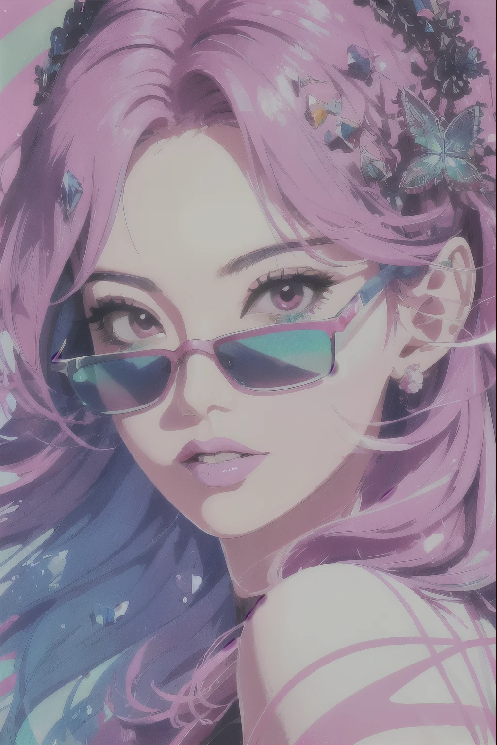 Beautiful woman with impactful color painting, sunglasses, Very detailed, Vibrant colors , sharp, Professional, clear, High Contrast, High saturation, , Bright deep pink, crystal clear ,psychedelic,