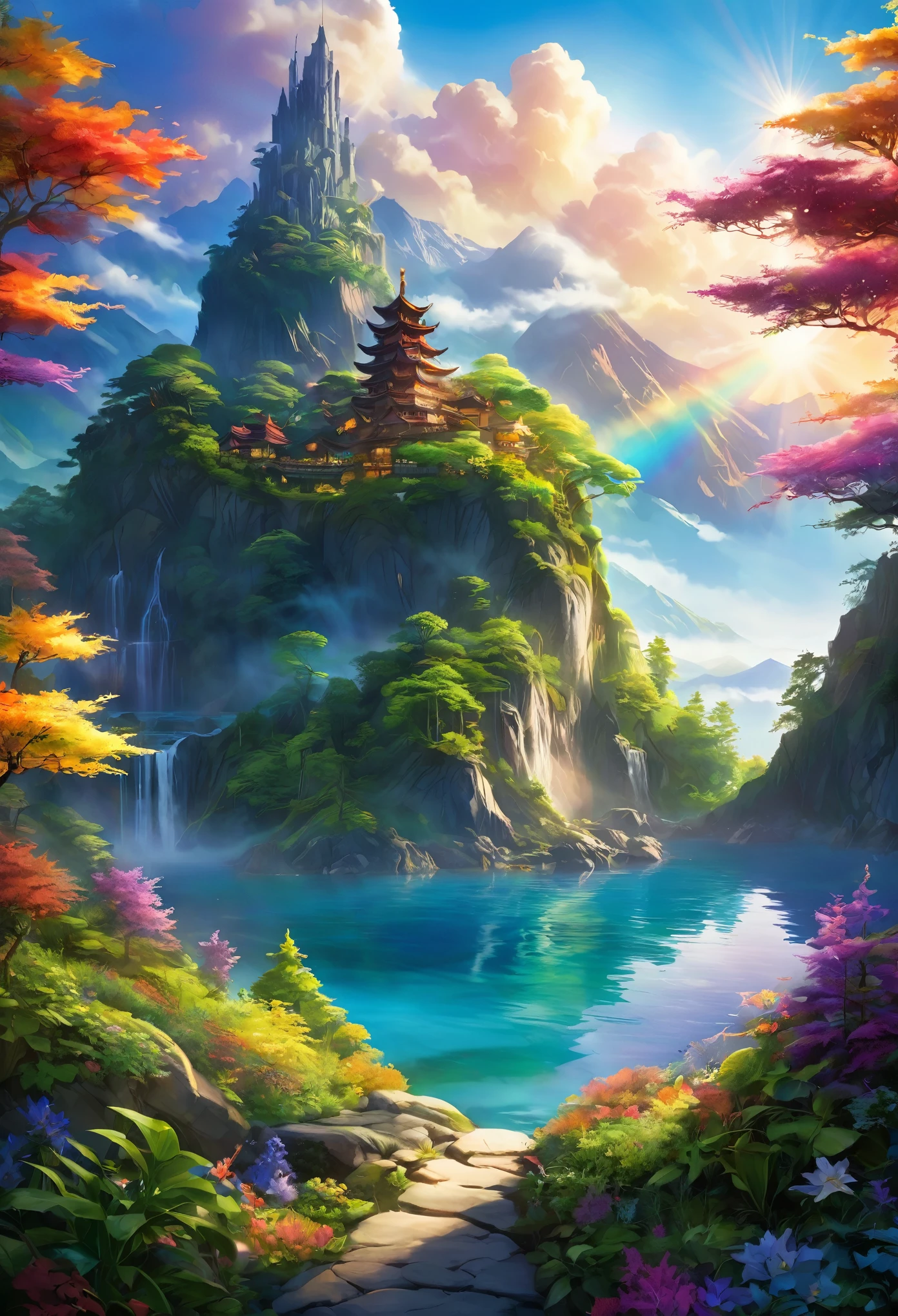 Enchanting Dreamlight Island, A Vision of Beauty. The sunlight dances through a veil of mist., Surrounding mountains々The lake reflects the light and casts a mottled shadow on its surface.. A towering tower of light rises into the sky, The surface reflects the colors of the rainbow. A whimsical tree in the forest々There are lots of creatures to play with., Creating a tapestry of light and shadow that captivates the soul.