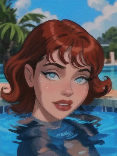 (a girl swimming in a pool, red curly hair),illustration,summery atmosphere,beautiful detailed eyes,beautiful detailed lips,extremely detailed face,long eyelashes,sparkling water reflections,refreshing blue pool water, best quality,highres,ultra-detailed,realistic,summer vibes,vivid colors,warm sunlight