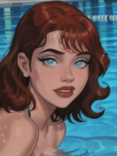 (a girl swimming in a pool, red curly hair),illustration,summery atmosphere,beautiful detailed eyes,beautiful detailed lips,extremely detailed face,long eyelashes,sparkling water reflections,refreshing blue pool water, best quality,highres,ultra-detailed,realistic,summer vibes,vivid colors,warm sunlight