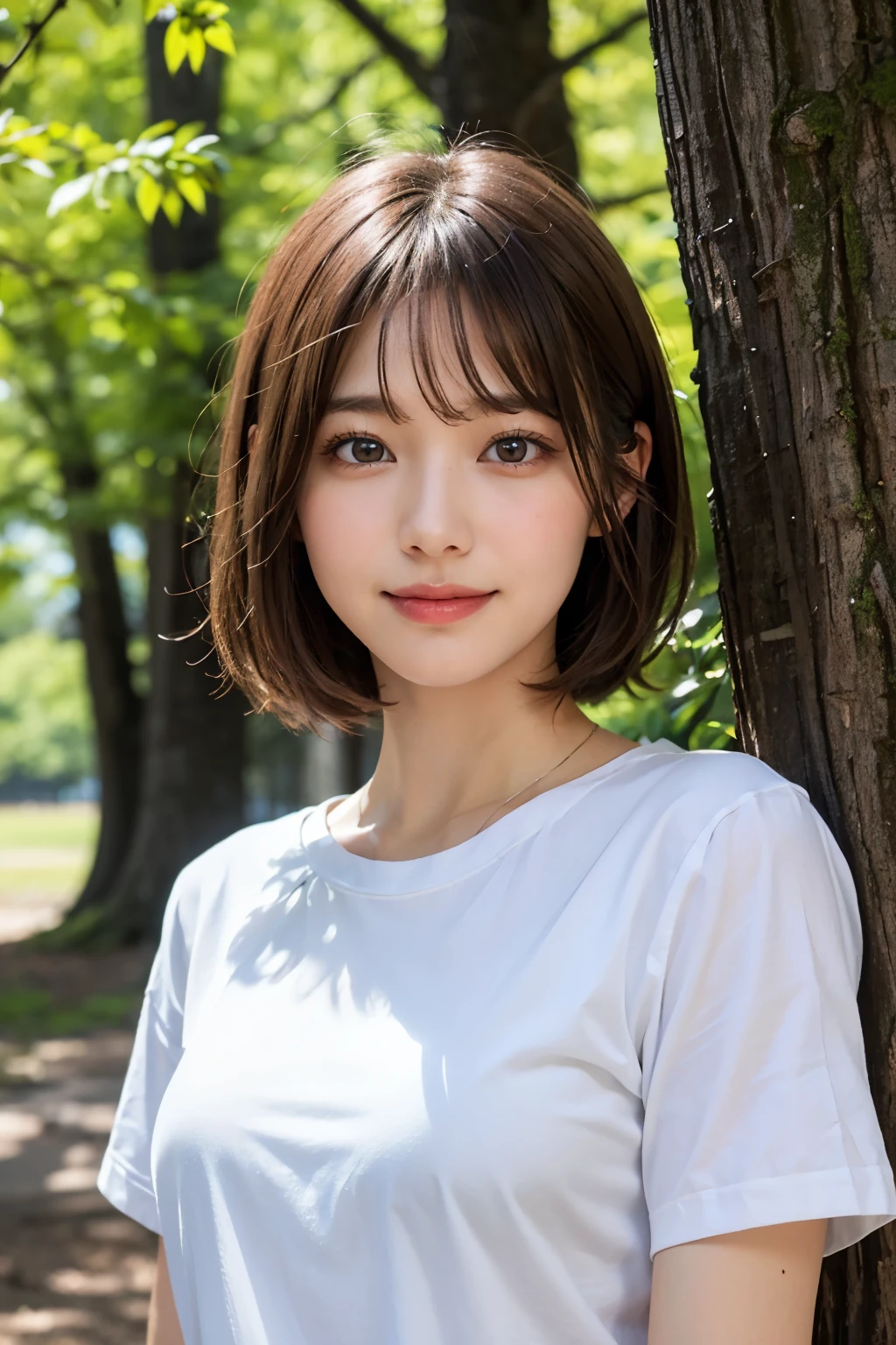 Ultra-high resolution、(Real:1.4)、One beautiful woman、Beautifully detailed eyes and skin、A Little Smile、No makeup、Light brown short hair、Short sleeve shirt、Great Plains、A big tree、Cloudy、Huge spaceship、Sci-Fi Taste、Movie quality、