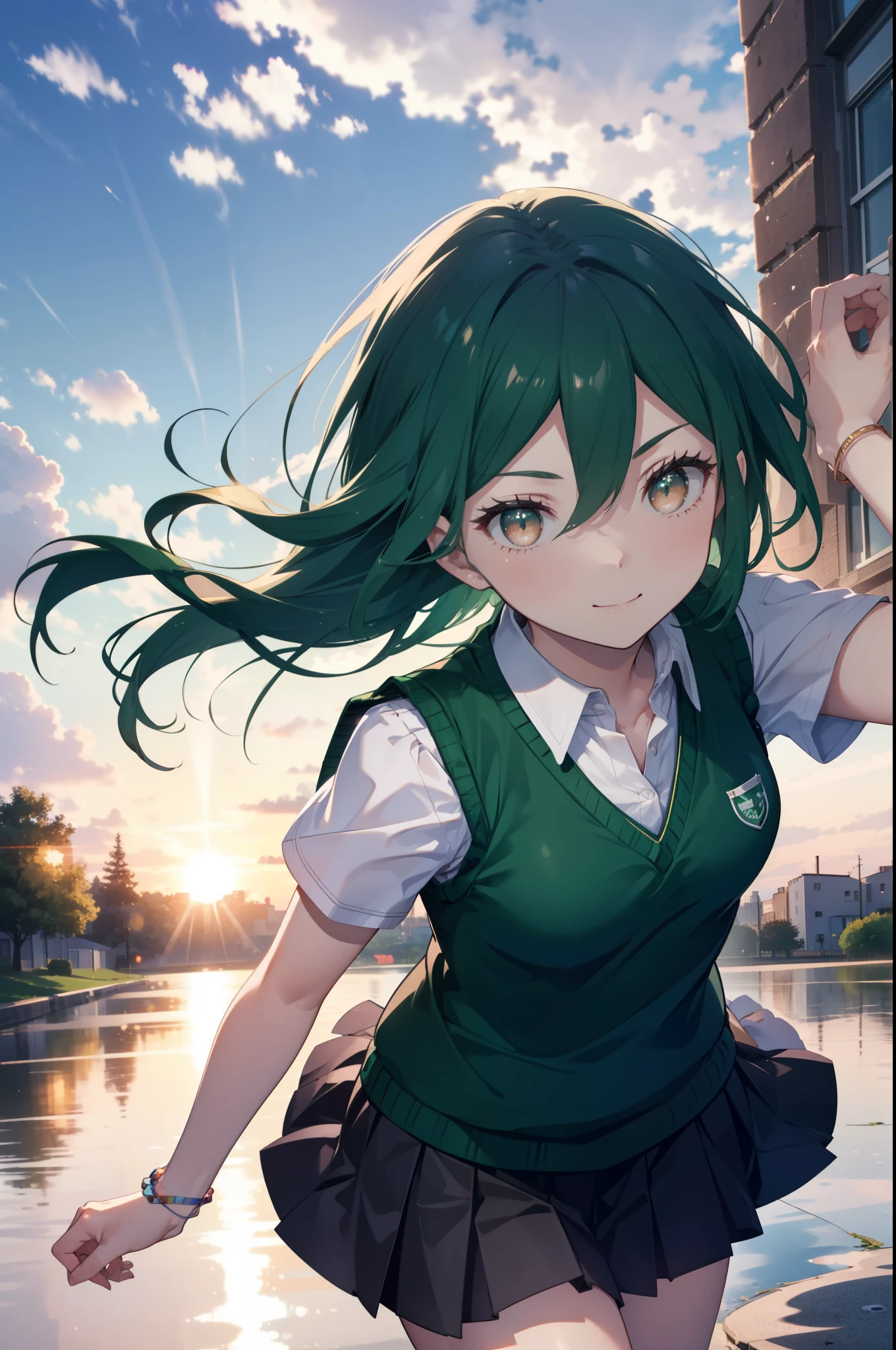 CruschKarsten, Crusch Karsten, Long Hair, Hair between the eyes, Green Hair, (Brown eyes:1.4),smile,,
Armband, White shirt,Short sleeve,Sweater vest, (green Sweater vest:1.5),Black pleated skirt,Black socks,Brown Loafers,whole bodyがイラストに入るように,Sunset,evening,The sun is setting,歩いている
break outdoors, School　courtyard,
break looking at viewer,whole body,
break (masterpiece:1.2), highest quality, High resolution, unity 8k wallpaper, (shape:0.8), (Beautiful and beautiful eyes:1.6), extレムely detailed face, Perfect lighting, extレムely detailed CG, (Perfect hands, Perfect Anatomy),