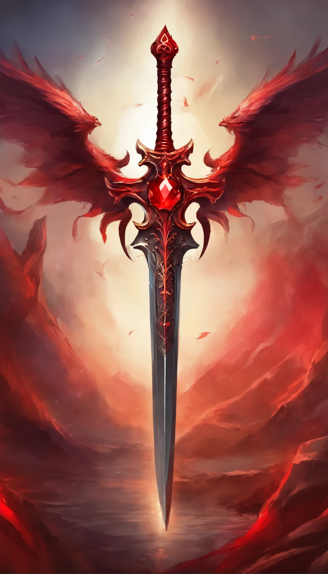 A red sword used by a vampire，Dracula&#39;s family crest is engraved on it，And there is blood mist all around，There is a shocking red gem in the center of the hilt