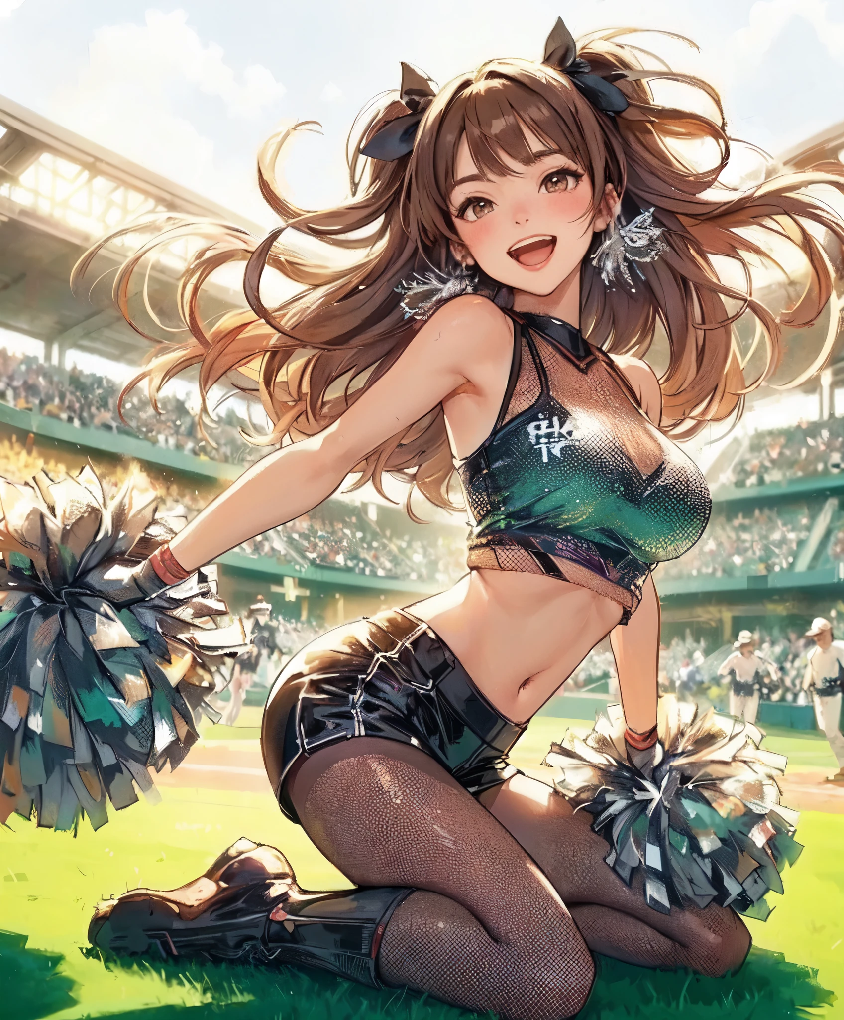1lady solo, (dynamic posing), cheerleader (stylish outfit), mature female, /(brown hair/) bangs ribbon, blush (brightly smile), (masterpiece best quality:1.2) delicate illustration ultra-detailed, large breasts BREAK (holding pom-pomREAK /(baseball stadium) grass, outdoors, audience