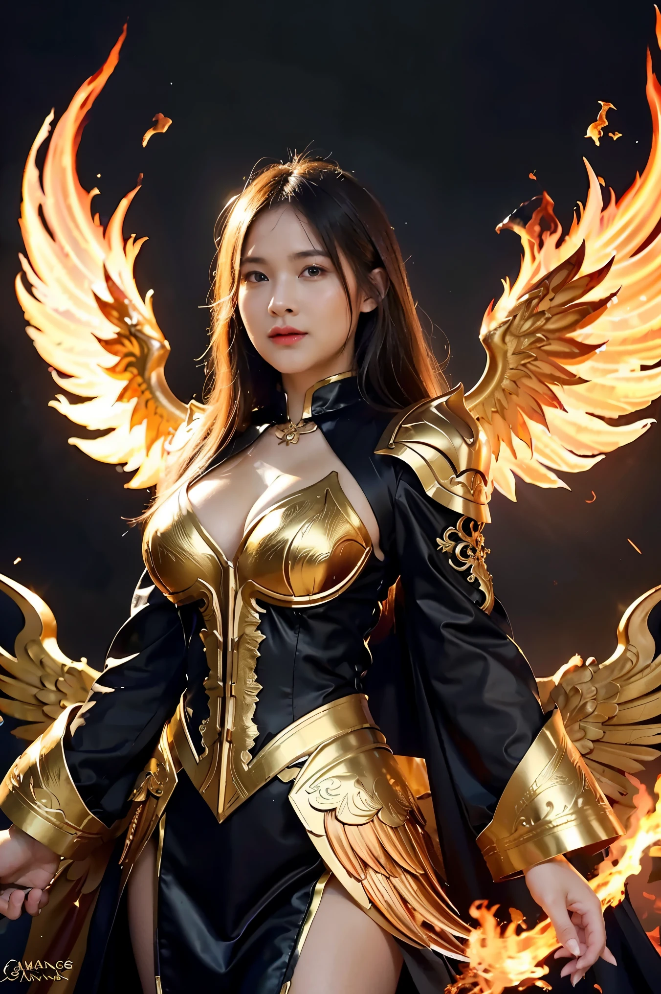 Close-up of a woman with fire and flames on her body., With fiery golden wings. of flame, With fiery golden wings., Grand fantasy art style, concept art | Art Anointing, phoenix warrior, extremely detailed Art Anointing, Grand fantasy digital art style, Female Master of Change, full portrait of elementalist, Excellent and neat character art