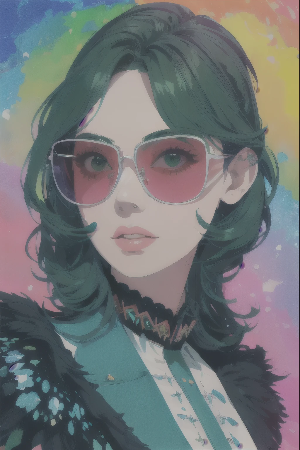 Beautiful woman with impactful color painting, sunglasses, Very detailed, Vibrant colors , sharp, Professional, clear, High Contrast, High saturation, , Vivid deep green, crystal clear ,psychedelic,