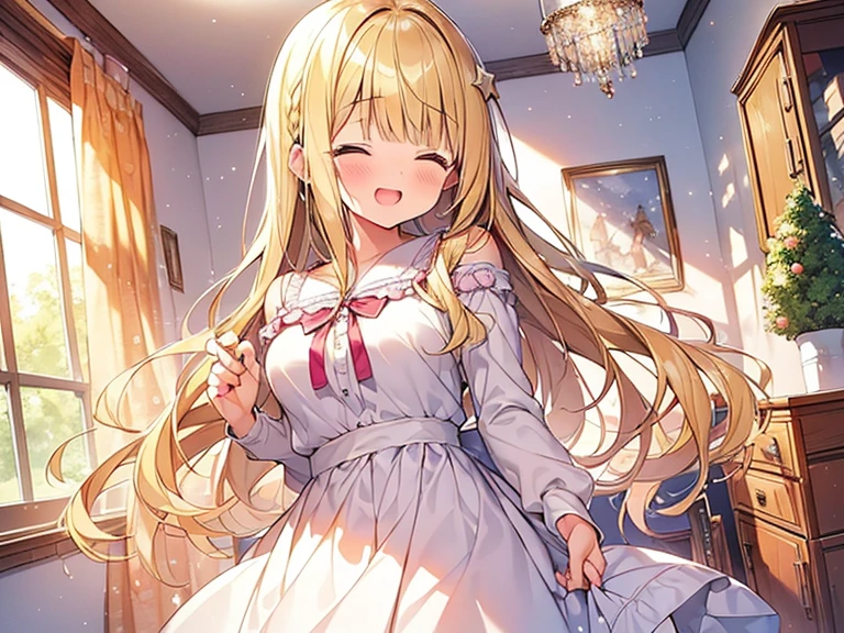 Masterpiece, Top quality, 1 beautiful girl, Blonde, long Hair, Braided hair, wavy Hair, airy hair, blunt bangs, 17 year old, standard weight, (medium breasts :1.2), (cute clothes:1.5), clothes with cute pattern, (happy :1.3), blush, open mouth, closed eyes, head tilt, dynamic pose, (beautiful scene of Cute Girl's Room:1.4), from below, star glitter