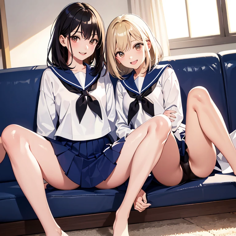(top-quality、in 8K、32K、​masterpiece、超A high resolution、Impresionismo、Photorealsitic:1.2)、Full body, Inside the classroom、Schools、Evening glow、beauitful face、blurry backround、 beautiful girl、shinny skin、bob cuts、Beautiful black hair、(Katyusha:1.2)、a sailor suit、Pleated miniskirt、Curve、dynamicposes、Smile with open mouth、Two girls, lying on sofa