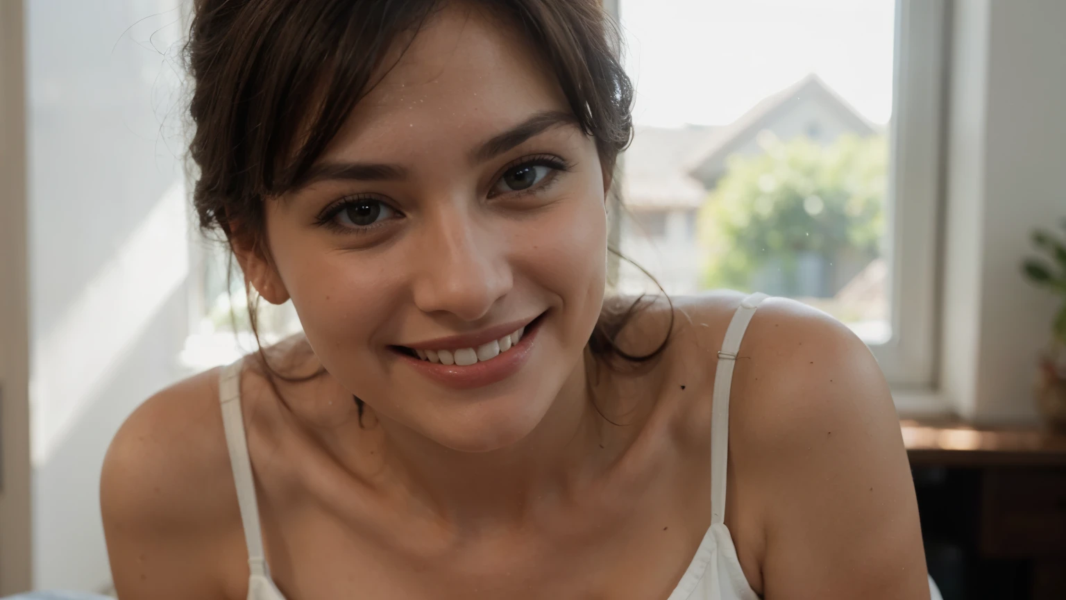 an ultra cinematic close-up shot of a beautiful woman who looks happy with a big smile, at home with a ray of sunshine through the window 
