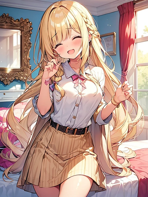Masterpiece, Top quality, 1 beautiful girl, Blonde, long Hair, Braided hair, wavy Hair, airy hair, blunt bangs, 17 year old, standard weight, (medium breasts :1.2), (cute clothes:1.5), clothes with cute pattern, (happy :1.3), blush, open mouth, closed eyes, head tilt, dynamic pose, (beautiful scene of Cute Girl's Room:1.4), from below, star glitter