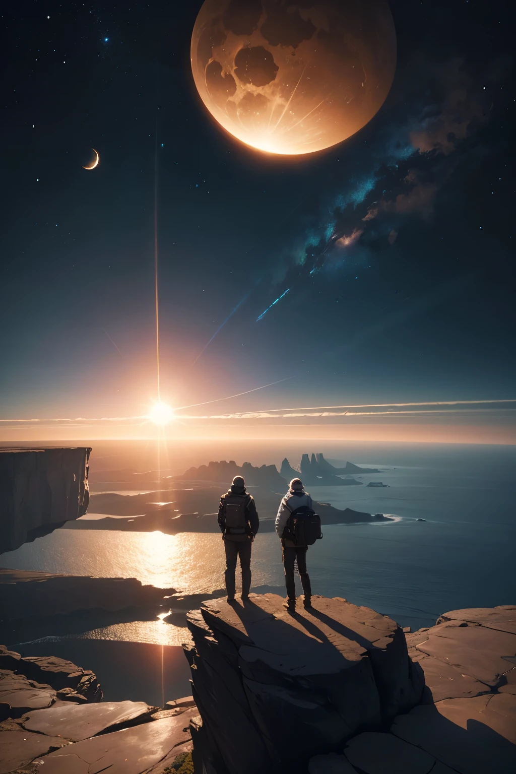 a group of people standing on a rocky planet, camera shot from the back, 2 suns in the sky eclipsing each other, vast oceans surrounding cliffs and plains , greenery , blueish sky , suns clearly visible , visible planets in the sky