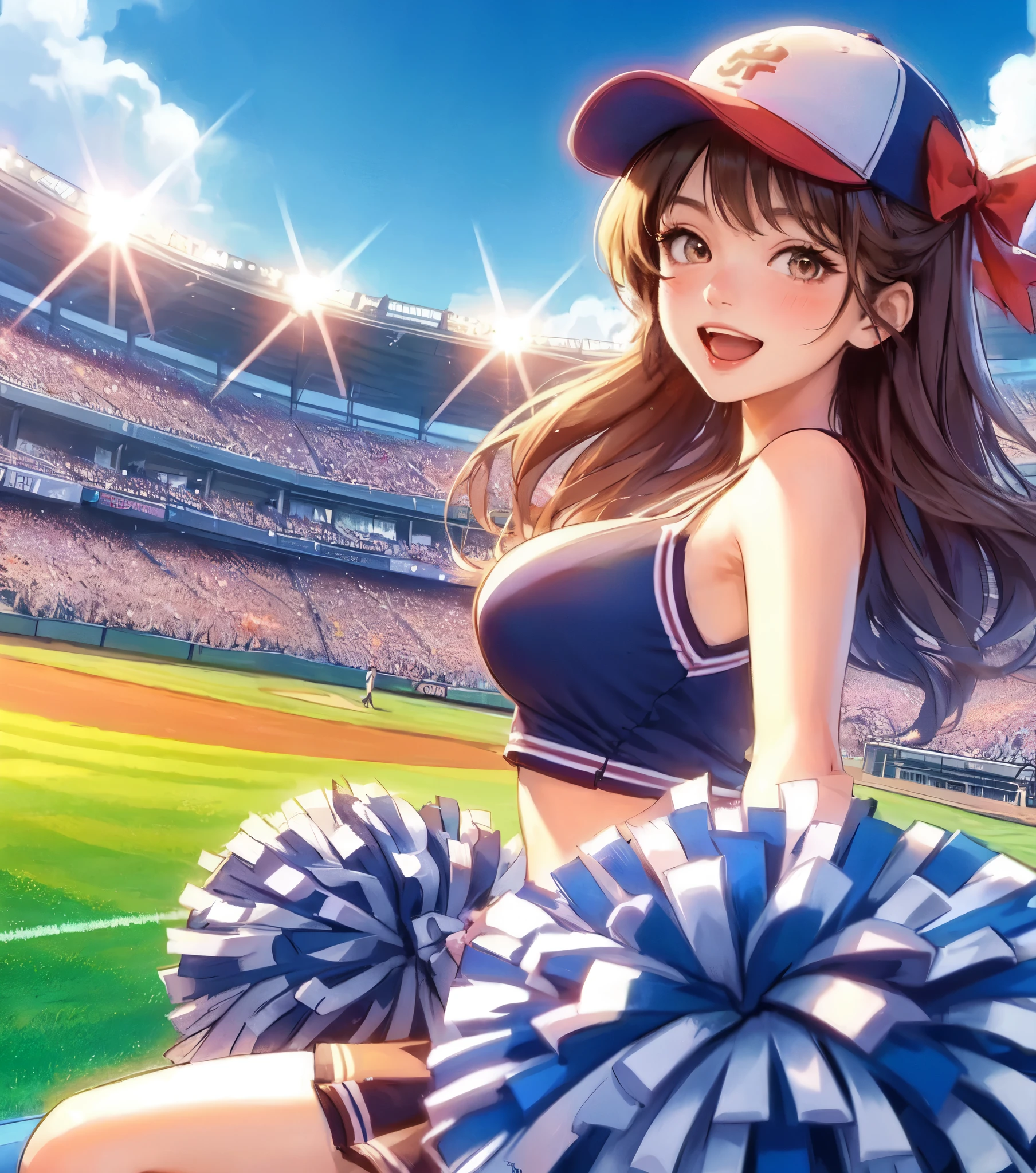 1lady solo, cheering, dancing, (dynamic posing), cheerleader (stylish outfit), mature female, /(light brown hair/) bangs, ribbon, blush brightly smile, open mouth, (teeth:0.8), (masterpiece best quality:1.2) delicate illustration ultra-detailed, large breasts BREAK (holding pom-pom) BREAK /(baseball stadium) grass, outdoors, audience