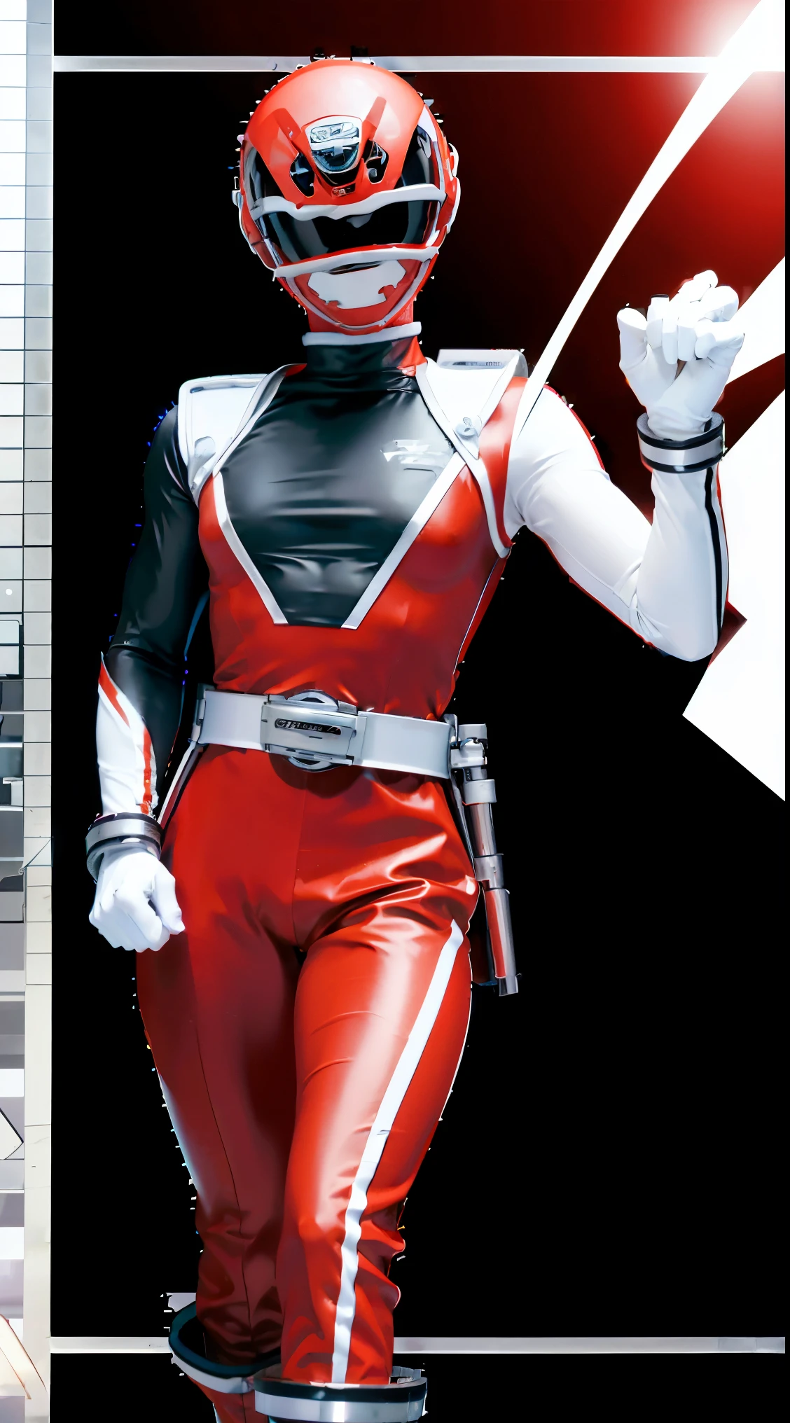 v((power rangers)), One guy、 Red costume, Solo, ((Slim figure)), (Anatomically correct), Cowboy shot, masked face, (Red composite tracksuit), (Well-designed hero set), Suitable for complex production lines, Thin one-piece influencer suit, Long leather gloves to white elbows,,,,, The arm sleeve is made of hard material, White leather boots, Wearing a full-face helmet, (White belt), (Large metal clasp), (Full body suit), (Full face helmet,No exposed face), Crystal embedded in the helmet, (Very shiny sportswear), Silk weave set, gym clothes that adhere to the body,dynamicposes