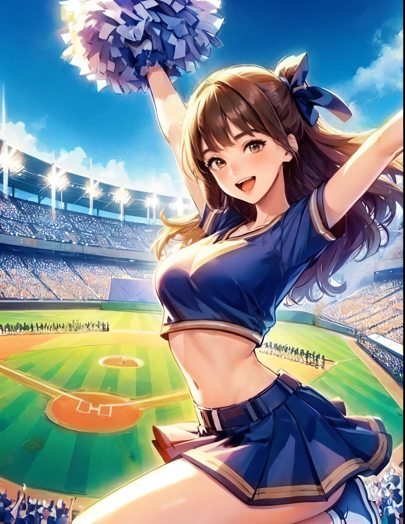 1lady solo, cheering, dancing, (dynamic posing), cheerleader (stylish outfit), mature female, /(brown hair/) bangs, ribbon, blush brightly smile, open mouth, (teeth:0.8), (masterpiece best quality:1.2) delicate illustration ultra-detailed, large breasts BREAK (holding pom-pom) BREAK /(baseball stadium) grass, outdoors, audience