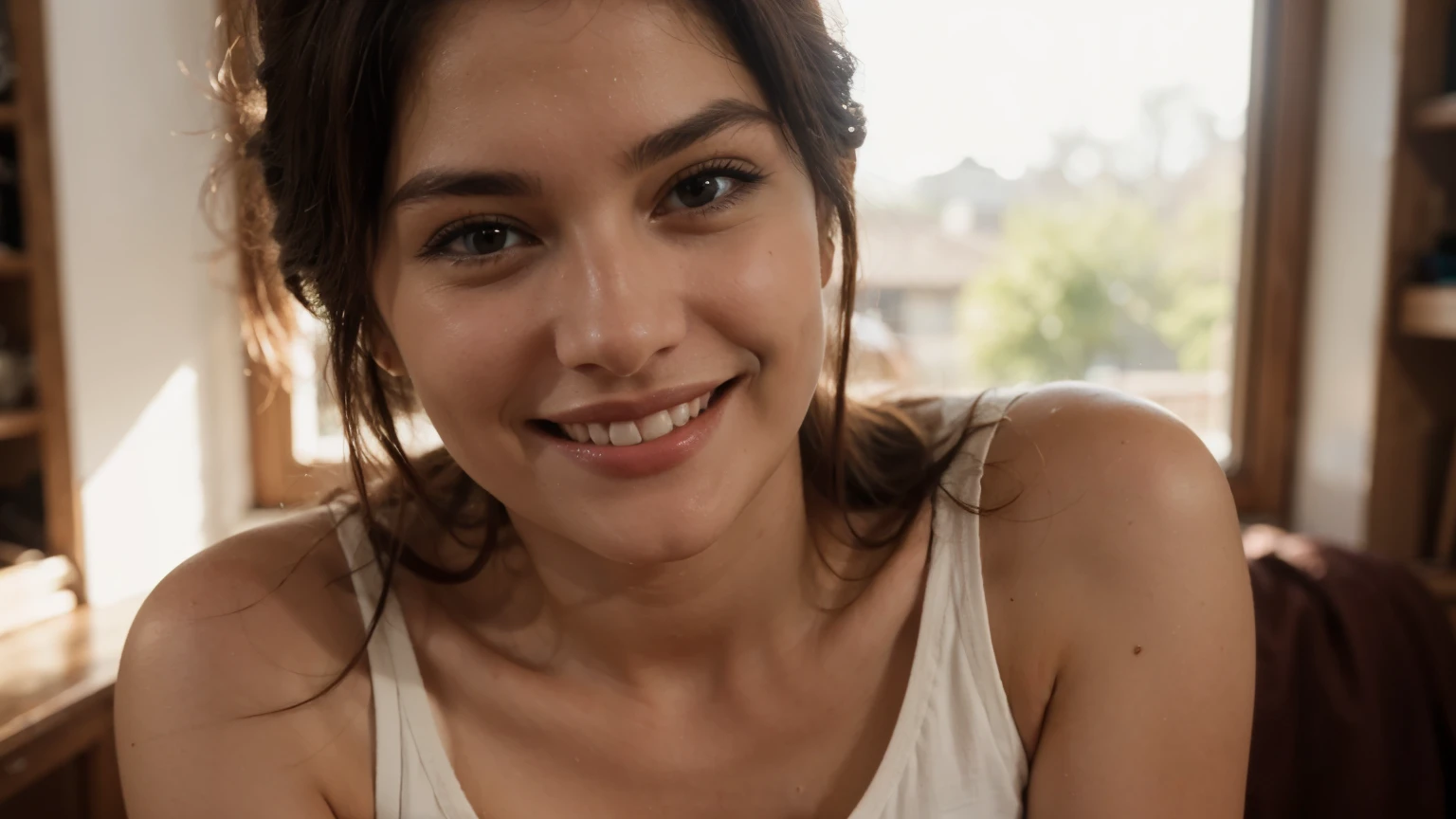 an ultra cinematic close-up shot of a beautiful woman who looks happy with a big smile, at home with a ray of sunshine through the window at golden hour.