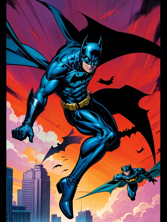 4k, Batman and Robin Wayne flying over a dead man, inspired by Frank Miller, color illustration, epic comics style, digitally colored, comics cover, CC comics art style, comics illustration, comics cover visual style, CC, by art, comic book arzach style, 90s comic book character design, inspired by Neal Adams