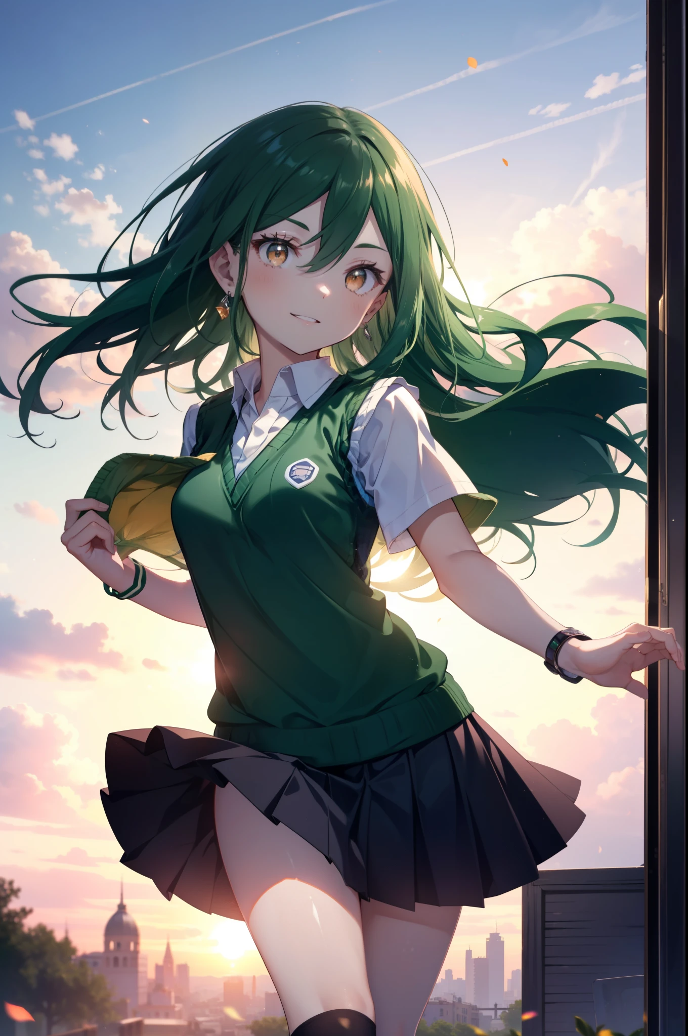 CruschKarsten, Crusch Karsten, Long Hair, Hair between the eyes, Green Hair, (Brown eyes:1.4),smile,,
Armband, White shirt,Short sleeve,Sweater vest, (green Sweater vest:1.5),Black pleated skirt,Black socks,Brown Loafers,whole bodyがイラストに入るように,Sunset,evening,The sun is setting,歩いている
break outdoors, School　courtyard,
break looking at viewer,whole body,
break (masterpiece:1.2), highest quality, High resolution, unity 8k wallpaper, (shape:0.8), (Beautiful and beautiful eyes:1.6), extレムely detailed face, Perfect lighting, extレムely detailed CG, (Perfect hands, Perfect Anatomy),