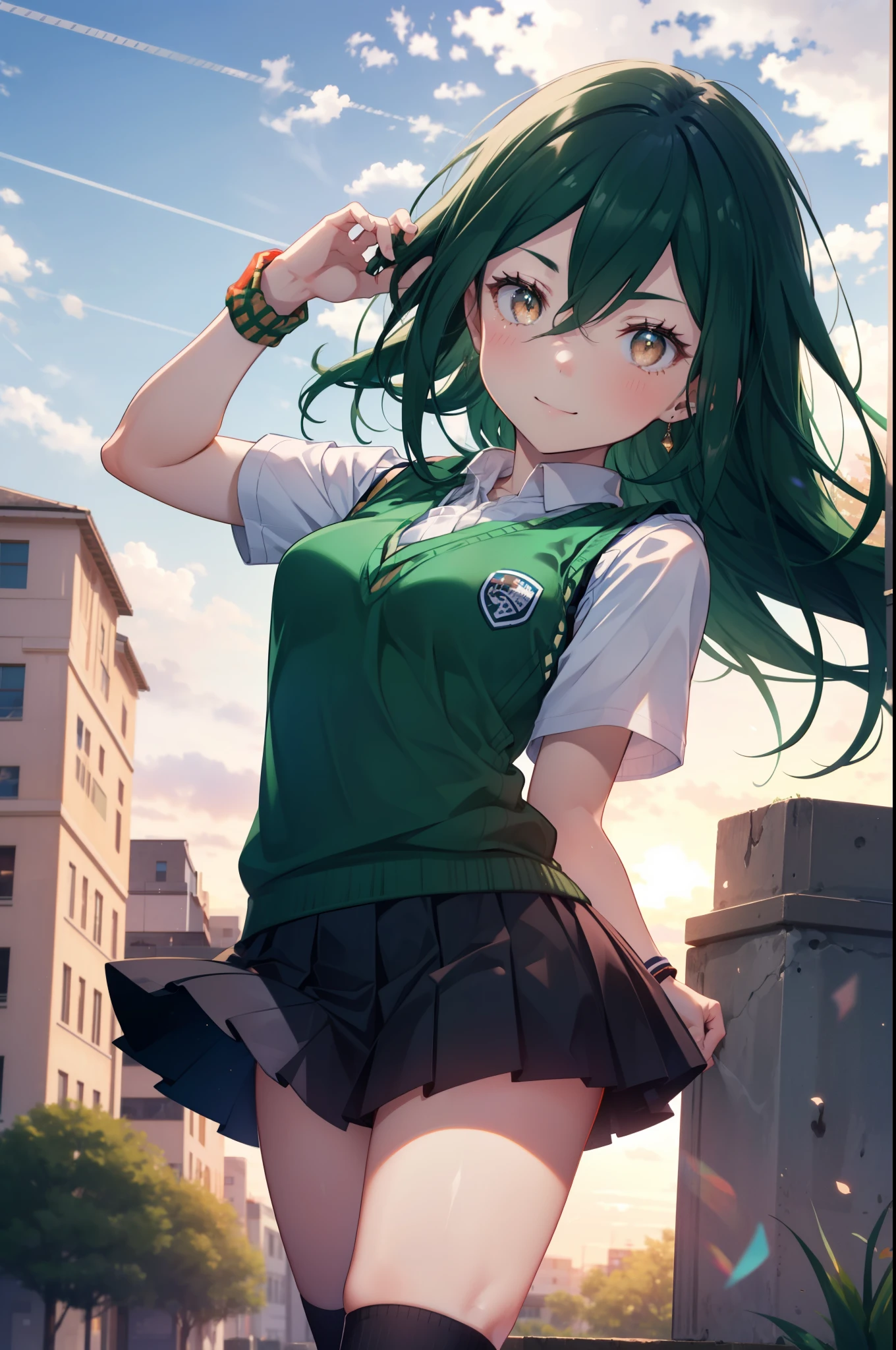 CruschKarsten, Crusch Karsten, Long Hair, Hair between the eyes, Green Hair, (Brown eyes:1.4),smile,,
Armband, White shirt,Short sleeve,Sweater vest, (green Sweater vest:1.5),Black pleated skirt,Black socks,Brown Loafers,whole bodyがイラストに入るように,Sunset,evening,The sun is setting,歩いている
break outdoors, School　courtyard,
break looking at viewer,whole body,
break (masterpiece:1.2), highest quality, High resolution, unity 8k wallpaper, (shape:0.8), (Beautiful and beautiful eyes:1.6), extレムely detailed face, Perfect lighting, extレムely detailed CG, (Perfect hands, Perfect Anatomy),