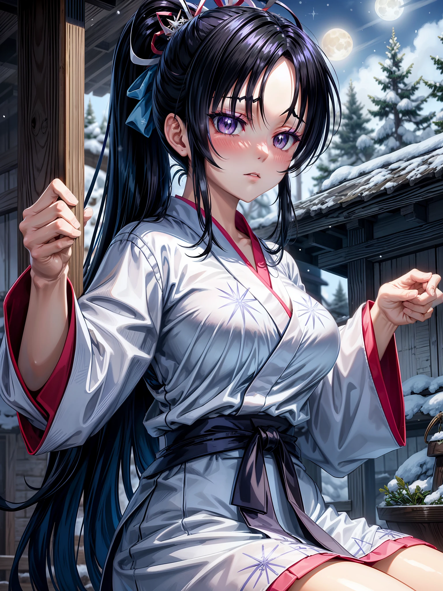 score_9_up, score_8_up, score_7_up, dynamic pose, upper body, close-up, 1girl, Yuki-onna, very long hair, black hair, straight hair, sidelocks, hair ornament, light purple eyes, colored eyelashes, pure white skin, blush, large breasts, makeup, white kimono, (snowflake print), light blue obi, furisode, wide sleeves, jewelry, snowy mountain, forest, snowing, full moon
, inside, in a laundryroom, source_anime, anime style