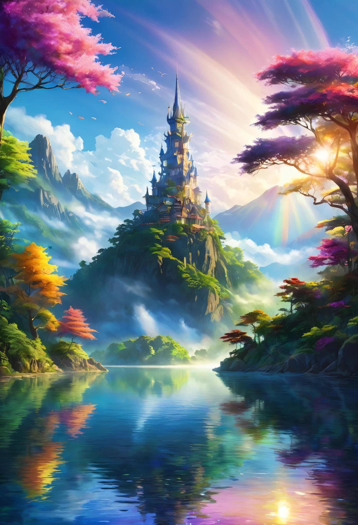 Enchanting Dreamlight Island, A Vision of Beauty. The sunlight dances through a veil of mist., Surrounding mountains々The lake reflects the light and casts a mottled shadow on its surface.. A towering tower of light rises into the sky, The surface reflects the colors of the rainbow. A whimsical tree in the forest々There are lots of creatures to play with., Creating a tapestry of light and shadow that captivates the soul.