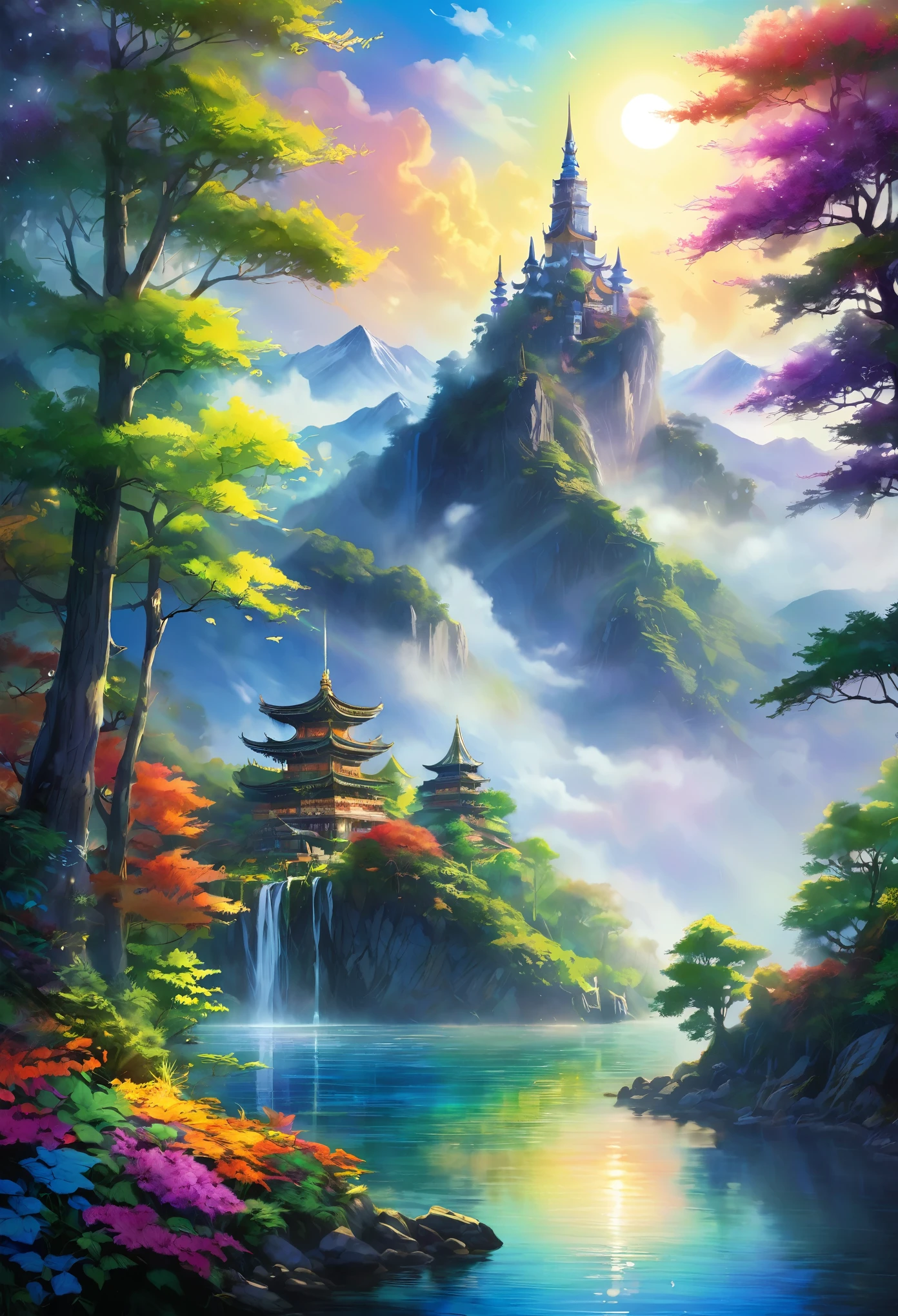 Enchanting Dreamlight Island, A Vision of Beauty. The sunlight dances through a veil of mist., Surrounding mountains々The lake reflects the light and casts a mottled shadow on its surface.. A towering tower of light rises into the sky, The surface reflects the colors of the rainbow. A whimsical tree in the forest々There are lots of creatures to play with., Creating a tapestry of light and shadow that captivates the soul.