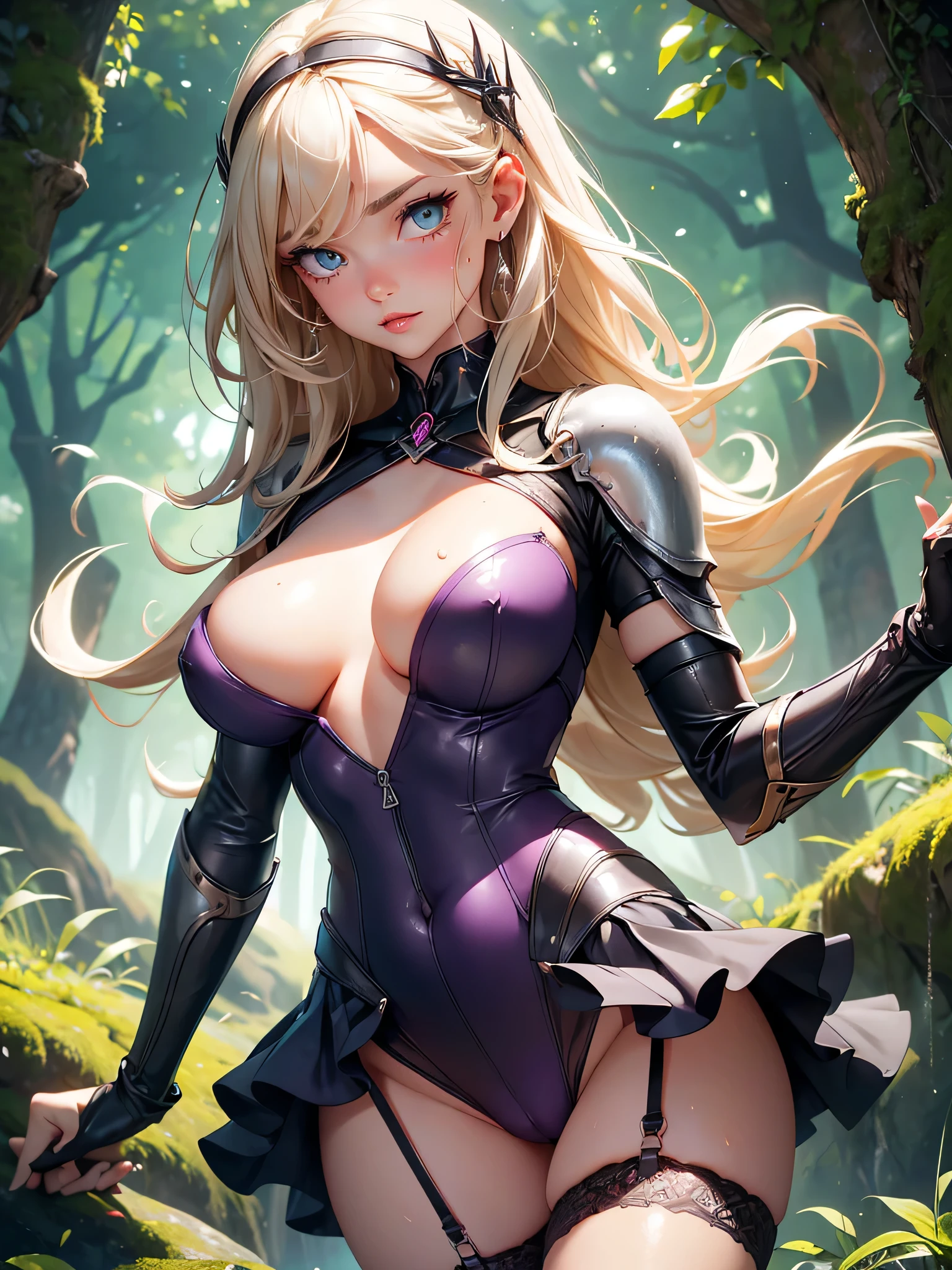 nsfw,Master piece,best quality,ultra-detailed,high resolution,octane render,intricate details,absurdres,highres,valkyrie,blonde hair,shining hair,(1 girl),beautiful girl,beautiful mature face,Her face is extremely detailed and expressive.kawaii,She has long eyelashes that add to her captivating appearance,the girl exudes confidence and elegance,panty shot,((detailed cameltoe)),white side-tie panties,garter belt,bare shoulders,seductive young woman,female focus,pointy breasts,full body,(perfect body),all fours,(dark purple cyber suit with pink micro skirt),holding skirt hem with both hands,((see through)),black Choker with chains and Midi Ring,(blonde single braid),big bright green eyes,(beautiful detailed eyes),highly detailed face and hair, detailed eyes,pale eyes,shining eyes,cute,cool,a well-defined nose,pinky skin,glowing and smooth skin,faint lips,seductive and confident smile,open mouth,(hair, realistic:1),stand,holding_weapon,silver Halberd,open legs,girl trembling with sexual climax,pussy juice stain,Blushing face,fantasy,sweat,steam,wet,cum on breast,(in the Woods with tentacles),tentacles,emphasizing her facial expression and beautiful body lines,from below,perspired,in cave with tentacles,drooling,goblins