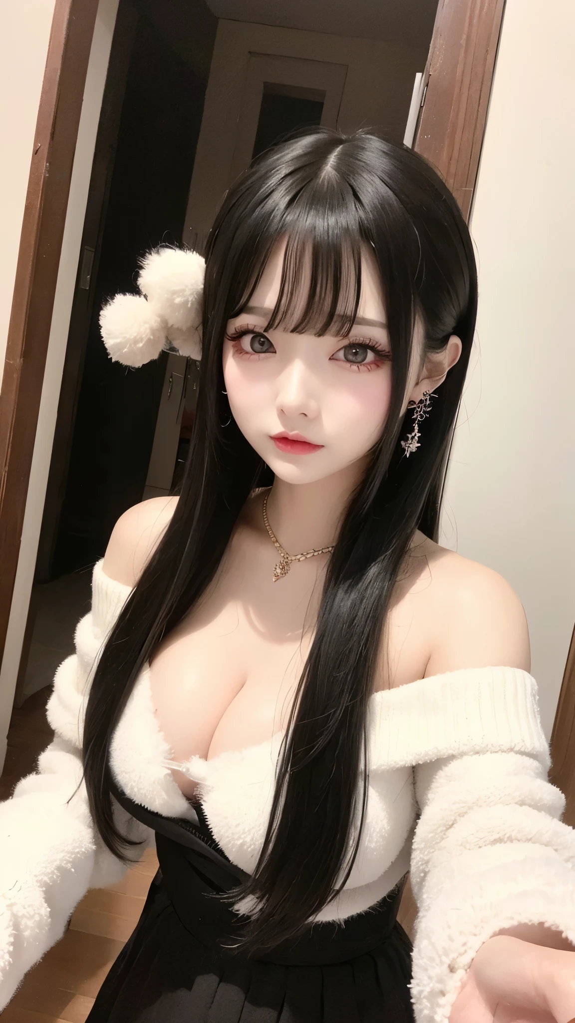 White fluffy oversized sweater、Off the shoulder、(((Big Breasts))),Big cleavage、Long black hair、jirai girl, jirai type make-up、Red eyeliner、(open doorway:1.3)