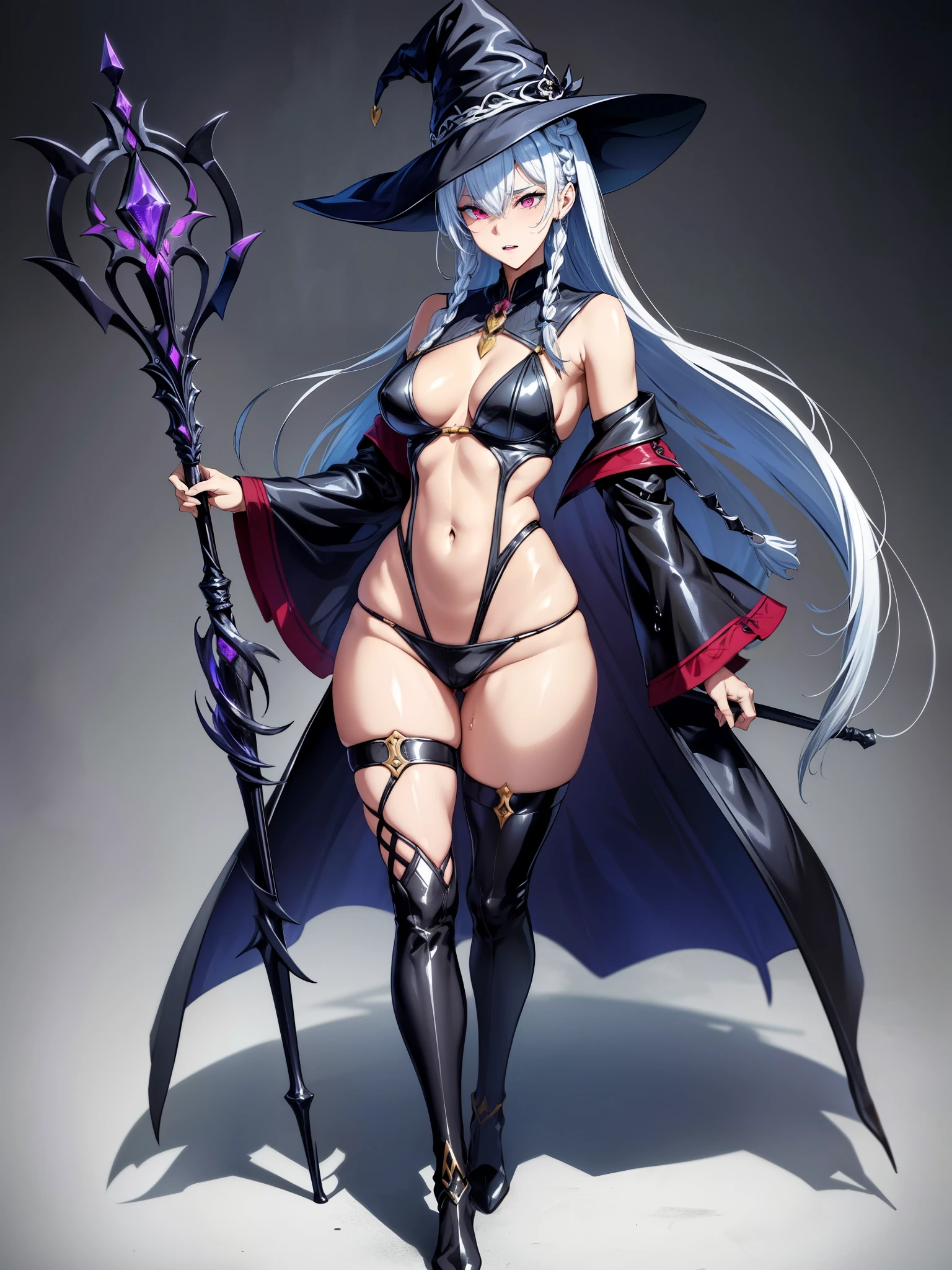 score_9, score_8_up, score_7_up,   full body, cute face, sexy vampire, white hair, side braid, thighs, long hair, beautiful eyes, wet skin, witch hat, dynamic pose, holding a staff, small breasts,   concept art,     b0ld4n1m3, monochrome expressiveh