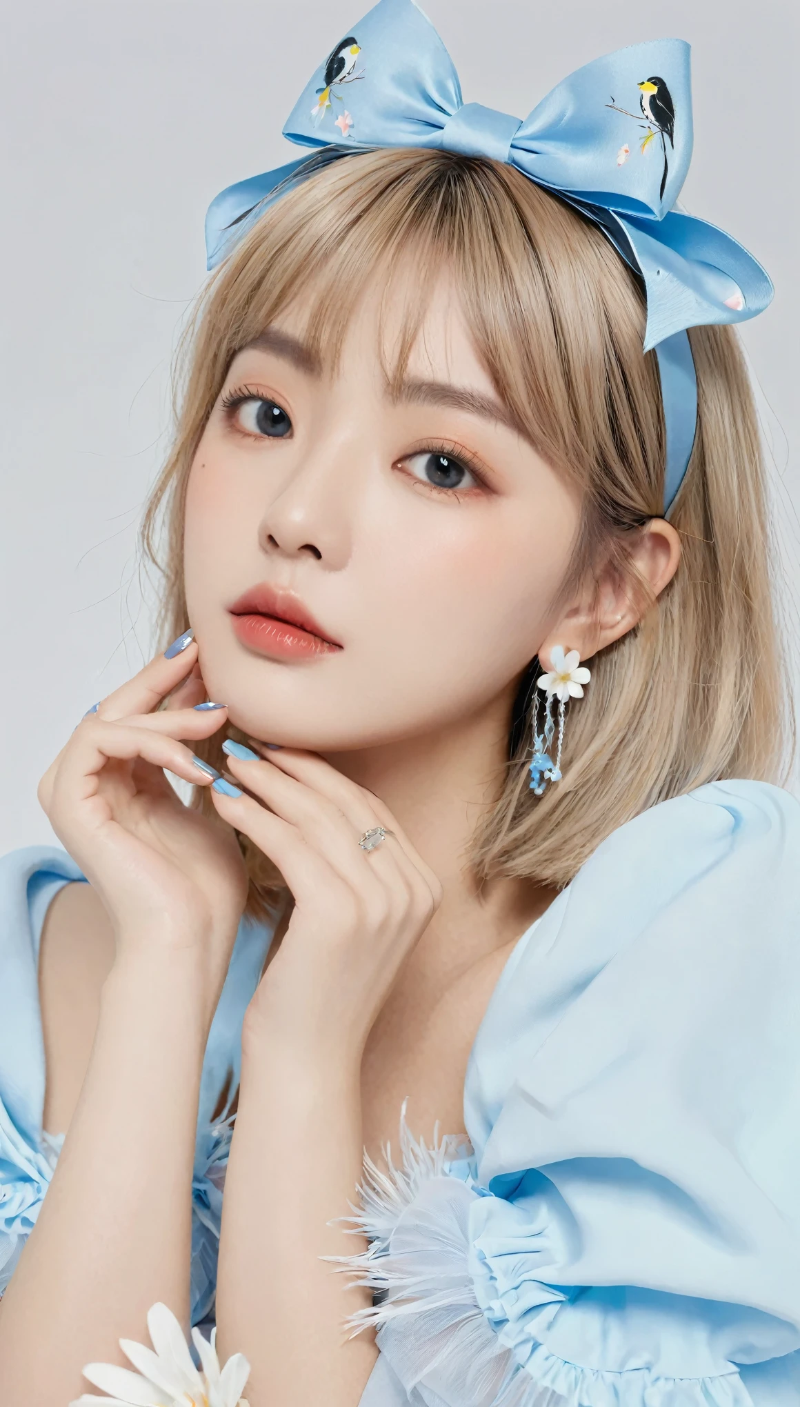 Upper warehouse, 1 Girl, Blonde hair, White background, have, skirt, 蓝色shoe类, wing, Simple background, sign, flower, Nail polish, Wide sleeves, Long sleeve, blush, animal, white flower, Solitary, whole body, bird, Looking at the audience, 高跟shoe, Put your hand on your cheek, Cover your face with your hands, decorate, bow, Bangs, ribbon, bell, Blue headdress, +_+, sock, short hair, Gray eyes, shoe, Blue nails, feathered wing, blue bow