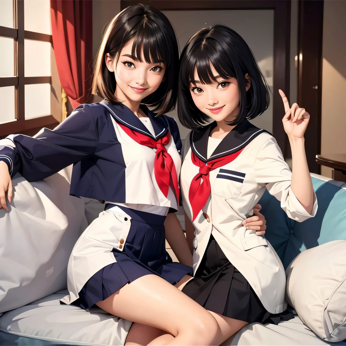 (top-quality、in 8K、32K、​masterpiece、超A high resolution、Impresionismo、Photorealsitic:1.2)、Full body, Inside the classroom、Schools、Evening glow、beauitful face、blurry backround、16-year-old beautiful girl、shinny skin、bob cuts、Beautiful black hair、(Katyusha:1.2)、a sailor suit、Pleated miniskirt、Curve、dynamicposes、Smile with open mouth、Two girls, lying on sofa