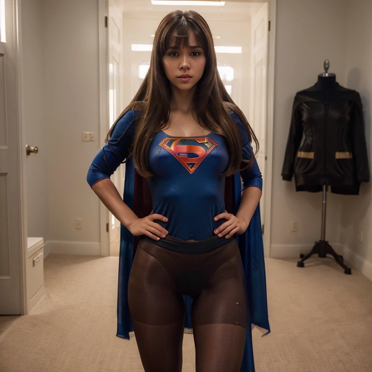 HD, Masterpiece, (((super detailed face))), (beautiful face), 1 woman in a supergirl costume trying on pantyhose, (Jenna Ortega) as a very beautiful supergirl, super photo realistic, super photorealistic, visual of supergirl, (pantyhose:1.4), ((full body shot)), 4k, cinematic, ((medium shot)), (zoom out:1.2), realistic , super high resolution, super highly detailed, 4 k, (sheer pantyhose), (((looking seductively at camera))), ((closed lips)), Closed mouth, ((Brunette long hair with bangs)) , (((no bottoms)))