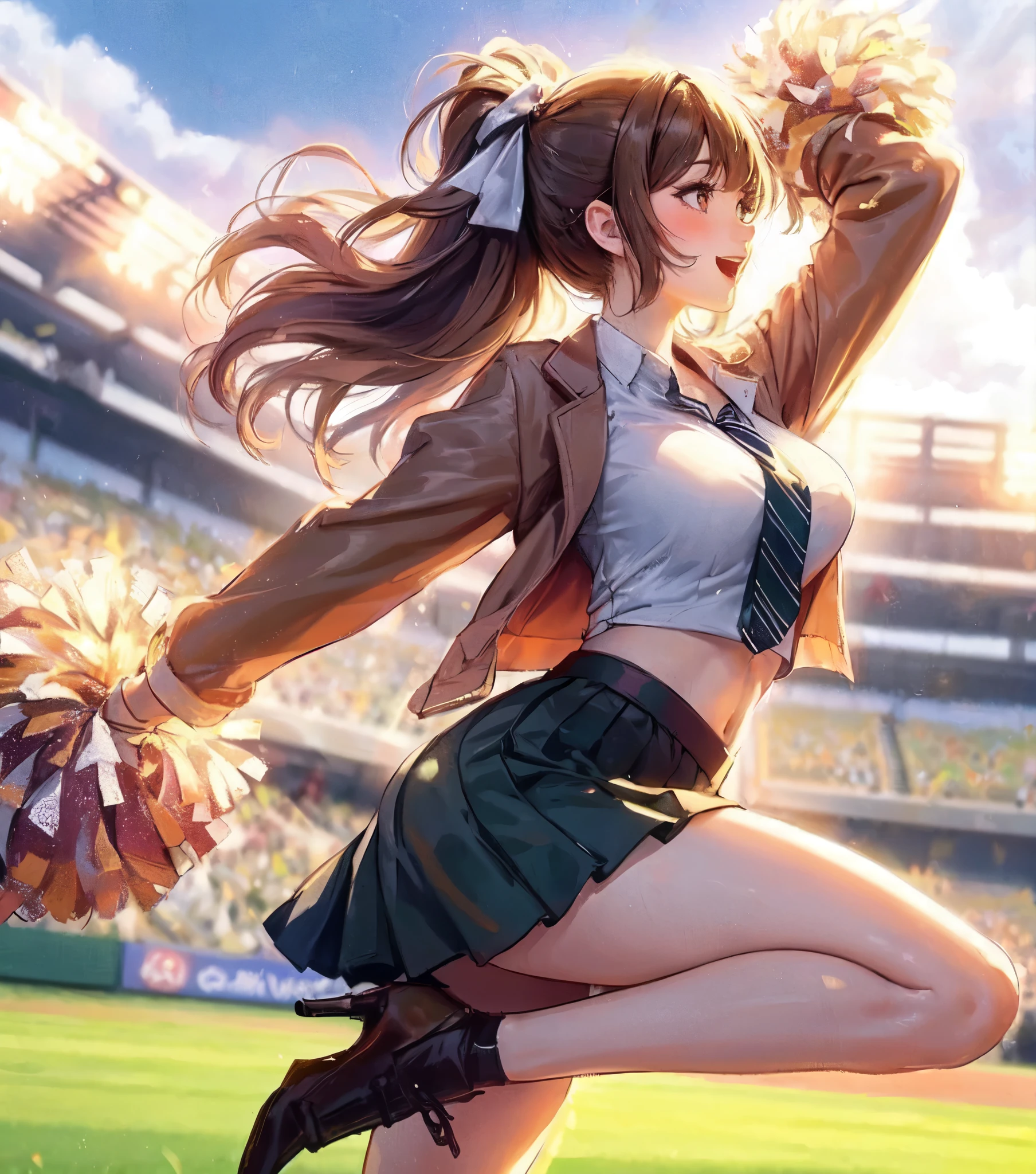 1lady solo, cheering, dancing, (dynamic posing), cheerleader (stylish outfit), mature female, /(brown hair/) bangs, ribbon, blush brightly smile, open mouth, (teeth:0.8), (masterpiece best quality:1.2) delicate illustration ultra-detailed, large breasts BREAK (holding pom-pom) BREAK /(baseball stadium) grass, outdoors, audience