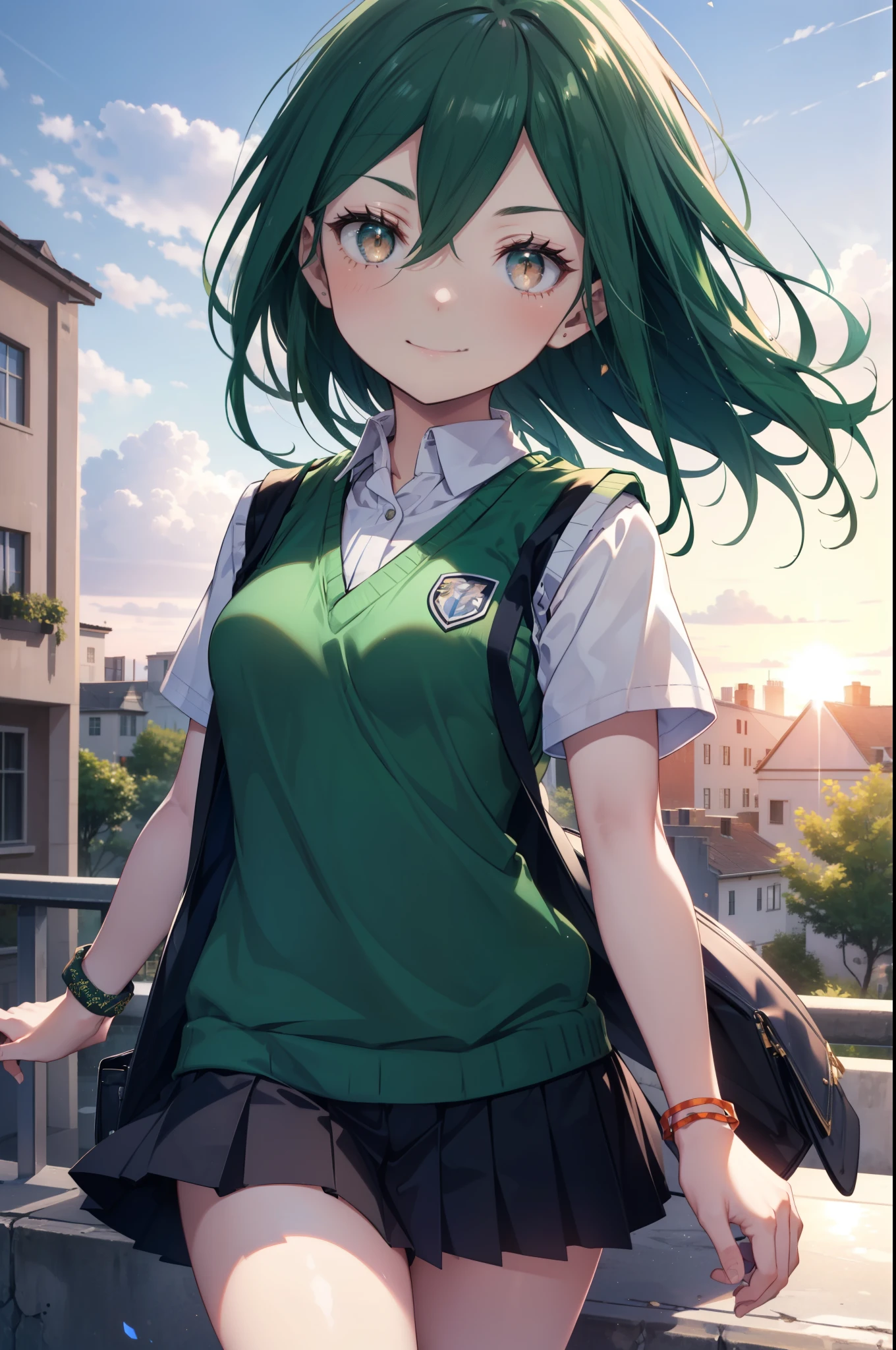 CruschKarsten, Crusch Karsten, Long Hair, Hair between the eyes, Green Hair, (Brown eyes:1.4),smile,,
Armband, White shirt,Short sleeve,Sweater vest, (green Sweater vest:1.5),Black pleated skirt,Black socks,Brown Loafers,whole bodyがイラストに入るように,Sunset,evening,The sun is setting,歩いている
break outdoors, School　courtyard,
break looking at viewer,whole body,
break (masterpiece:1.2), highest quality, High resolution, unity 8k wallpaper, (shape:0.8), (Beautiful and beautiful eyes:1.6), extレムely detailed face, Perfect lighting, extレムely detailed CG, (Perfect hands, Perfect Anatomy),