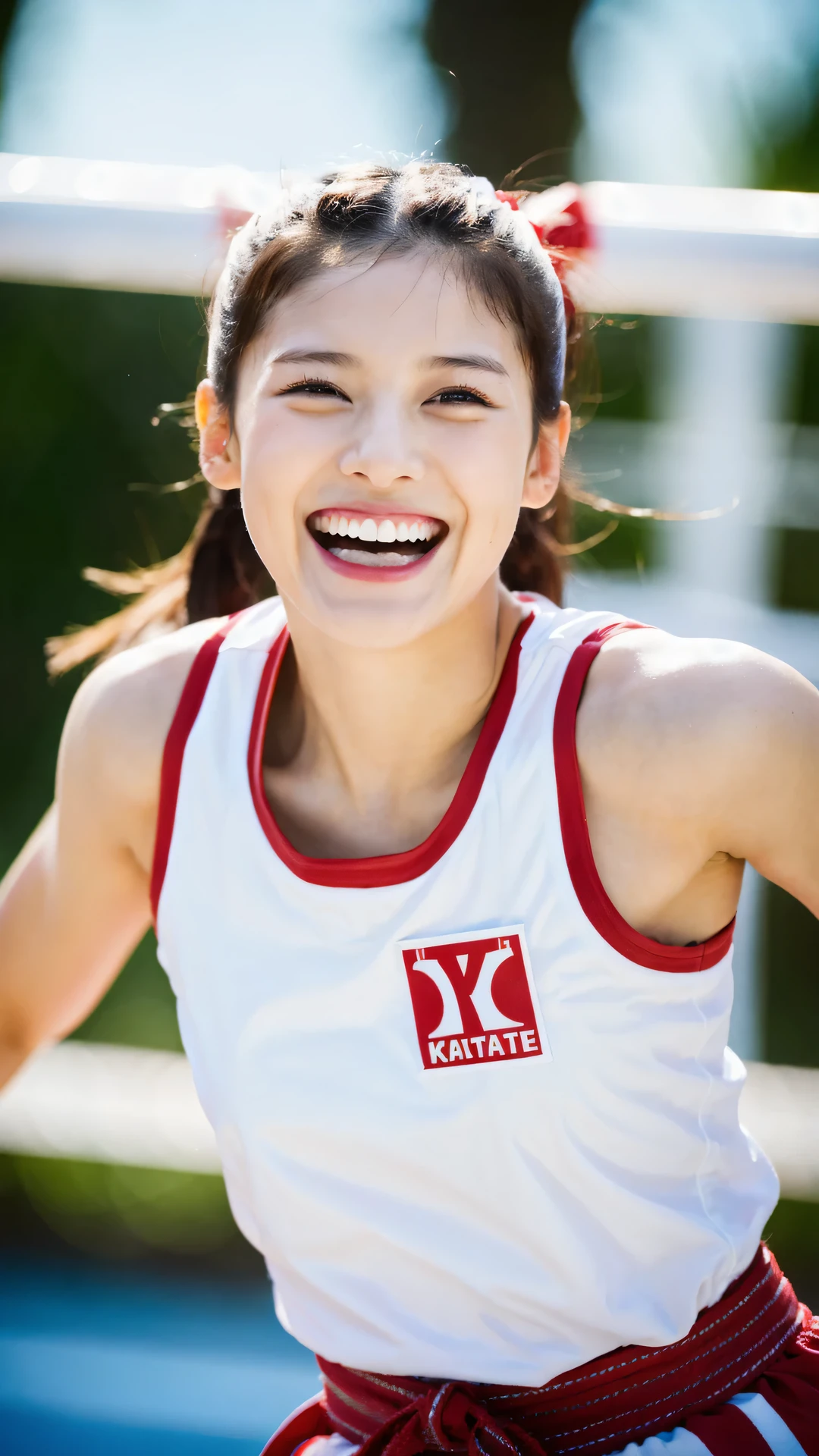 a beautiful girl, (huge Laughing:1.1), (Raw photo, highest quality), (8K, highest quality, masterpiece: 1.2), karate athlete