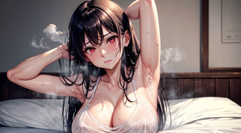 One beautiful woman、One ultimate beauty、One Japanese woman、38 years old、Upper Body、adult、Sharp eyes、Daytime、Black Hair、Beautiful Hair、Medium Long Hair、look at viewer、Please raise your left arm、Please show the viewer your left armpit.、Steam coming from the sides、8K quality、Detailed armpits、Detailed armpitsのシワ、Armpit sweat、(((sweaty)))、Pigmented underarms、Red cheeks、bed、Huge breasts、(glaring)、8K quality、Detailed armpits、Detailed armpits, Armpit sweat、Sweaty、Sweating profusely、Drenched armpits、Armpit pigmentation、Red cheeks、bedroom、gigantic breast、Puzzled、(Red eyes)、White blouse、Light clothing、Mature Woman、housewife、Very delicate and beautiful, (((steaming body)))、(((cum on armpit))), ((frown))