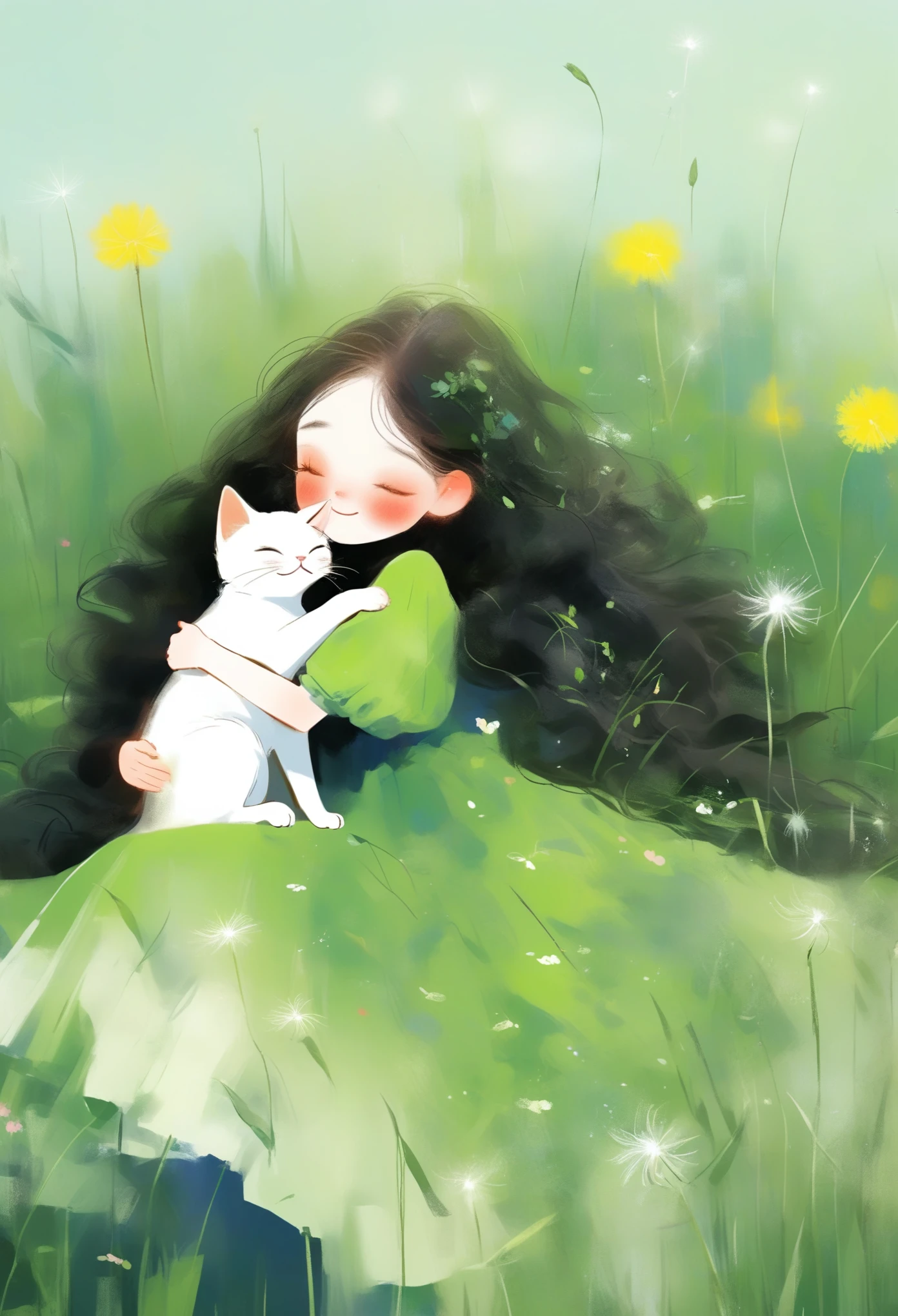 1girl, solo, long_hair, blush, smile, brown_hair, black_hair, dress, holding, very_long_hair, closed_eyes, flower, shoes, artist_name, animal, floral_print, cat, grass, plant, facing_viewer, green_dress, yellow_flower, holding_animal, green_theme, holding_cat, dandelion