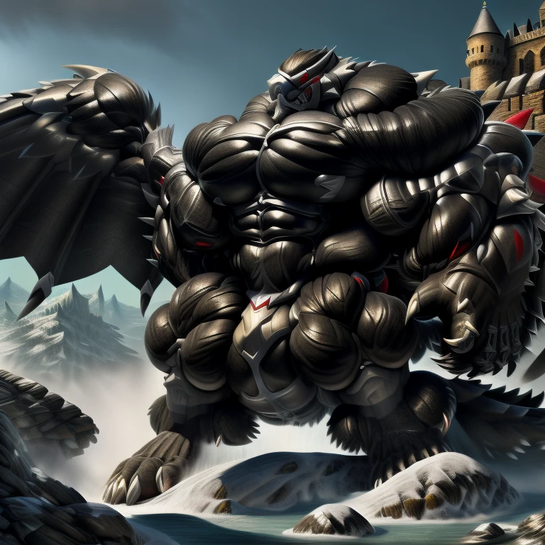 (gigantic muscles), 8K, Masterpiece, highres, Detailed head, Detailed Body, full body, Detailed abs, wearing crNanosuit, big muscle (pecs, triceps, traps) unusually developed muscular body,
body full of huge muscles.
pectorales enormes. Exaggeratedly huge muscles. Gigachad Muscular, gigantic muscles, Colossal giant NANOSUIT over a battlefield, The claws are sharp, Sharp teeth, Spread wings, have big wings. black wings, nj5furry, Animal paws, castle,