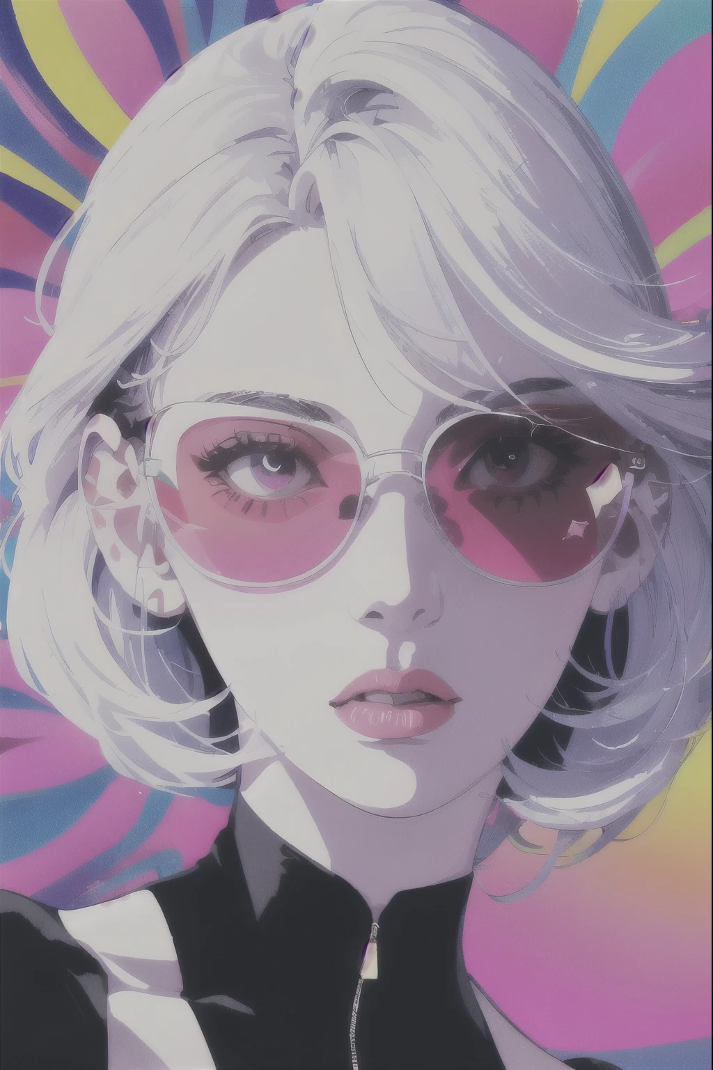 Beautiful woman with impactful color painting, sunglasses, Very detailed, Vibrant colors , sharp, Professional, clear, High Contrast, High saturation, , Vivid deep white, crystal clear ,psychedelic,