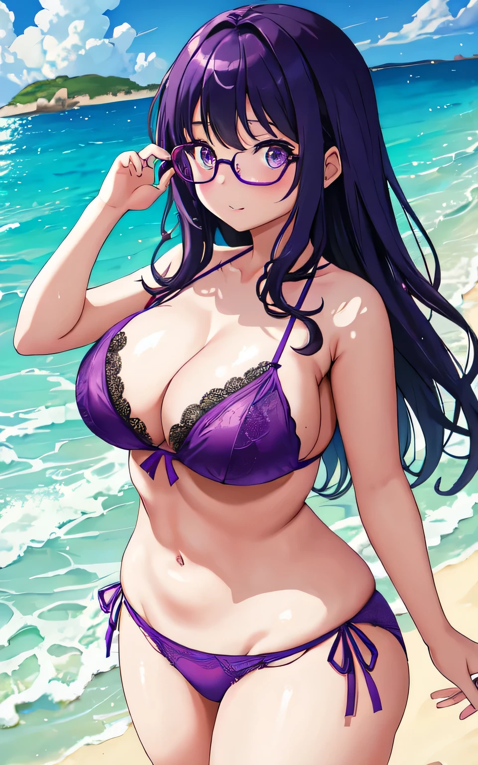 A with big breasts, plump body, round, dressed in a purple lace bikini, on the beach, wearing glasses and wearing a thin tulle