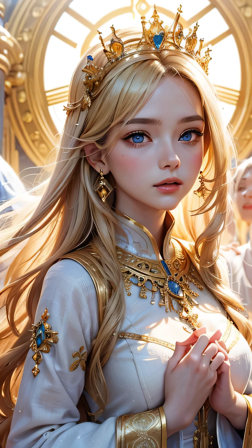 Under a clear blue sky, a beautiful young woman stands in the center, wearing a golden crown. She has long blonde hair and large eyes, with a serene expression on her face. She is dressed in a luxurious white gown adorned with gold. Her hands are clasped in front of her chest, holding light. In the background, there is a glowing golden circular aura, creating a mystical and sacred atmosphere.