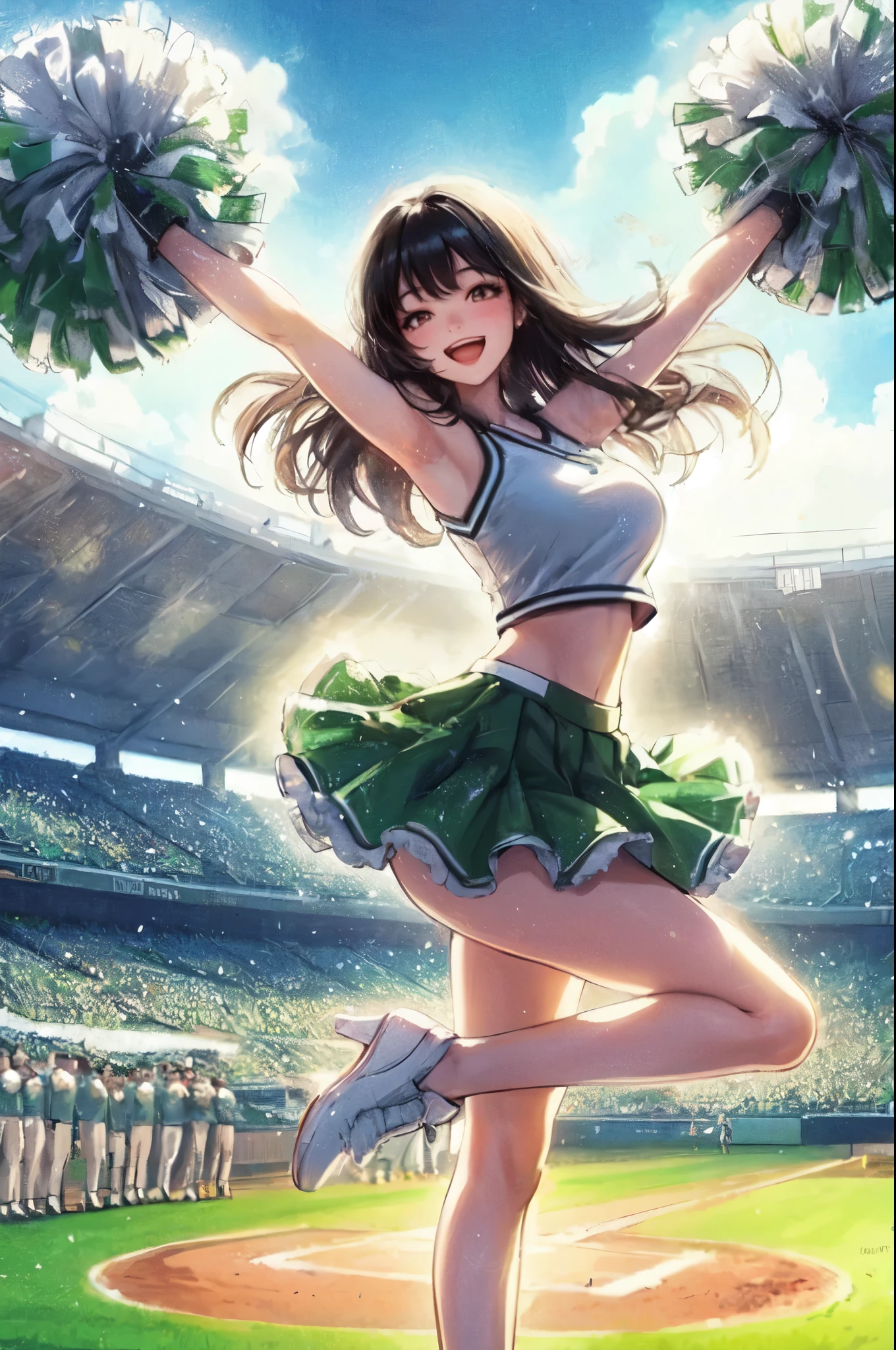 1lady solo, cheering, dancing, (dynamic posing), cheerleader (stylish outfit), mature female, /(black hair/) bangs, blush brightly smile, open mouth, (teeth:0.8), (masterpiece best quality:1.2) delicate illustration ultra-detailed, large breasts BREAK (holding pom-pom) BREAK /(baseball stadium) grass, outdoors, audience