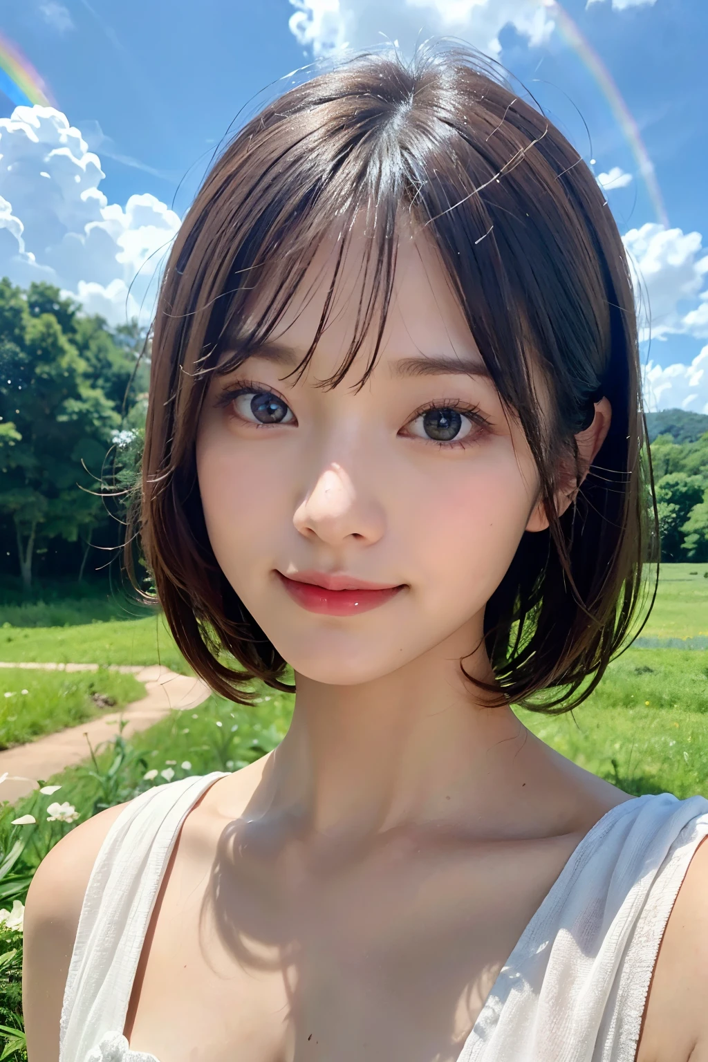 Ultra-high resolution、(Real:1.4)、One beautiful woman、Beautifully detailed eyes and skin、A Little Smile、No makeup、Light brown short hair、Feminine summer clothes、Small Bust、Cloudy sky、A big rainbow in the wide sky、Plains、Forest in the distance、Huge spaceship in the distance、Movie quality、