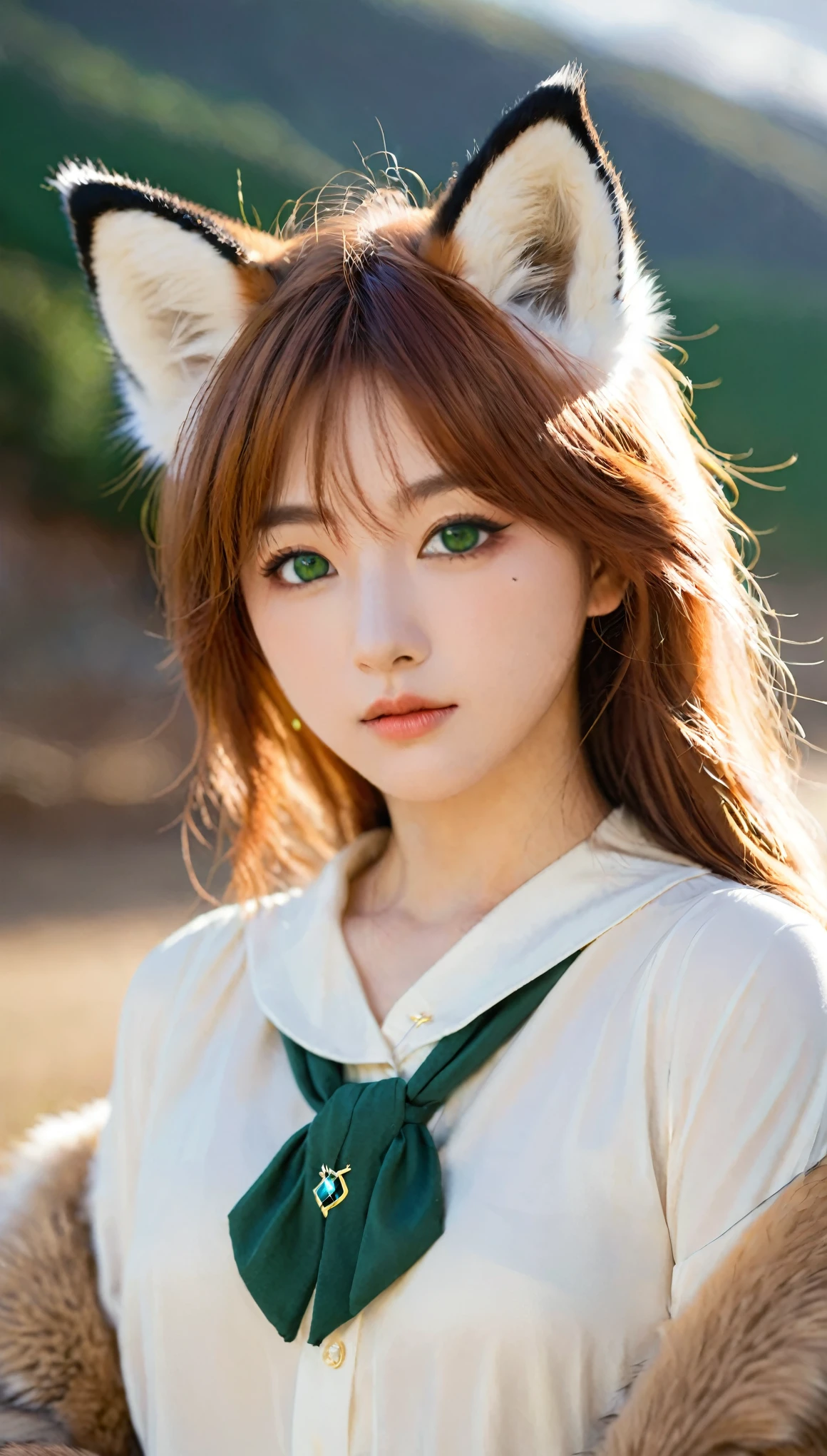 (fluffy anthro hairy:1.3), 1 Girl, Solitary, hair, fox, fox ears, hairy, Nashida (Genshin Impact),Cross-shaped pupil, Green Eyes,(Ponytail, Pointed ears:0.6),best quality,masterpiece,Very delicate and beautiful , (There is a cute girl in the center:1.2), (Solitary:1.3), Nashida (Genshin Impact), Cross-shaped pupil, (Ponytail, Pointed ears,:0.6) ,Cowboy shooting,Put your hands behind your back,Two hands,fluffy fox tail,