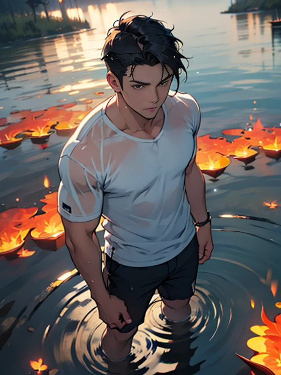 black hair, short hair, pointy hair, glowing eyes, unconscious, anime style, anime, anaglyph, from above, Ultra-Wide Angle, masterpiece, anatomically correct, high details, high quality, best quality, highres, water surface，Male Characters，Male focus，man，Wearing a white top，Wet clothes，Standing in the lake，dark night background，Field background，night，(Dim light:1.3)，(Holding flames in both hands:1.3)，Lake reflection flame，Wet hair，Water droplets on the skin, Facing the camera，water surface没到腰部