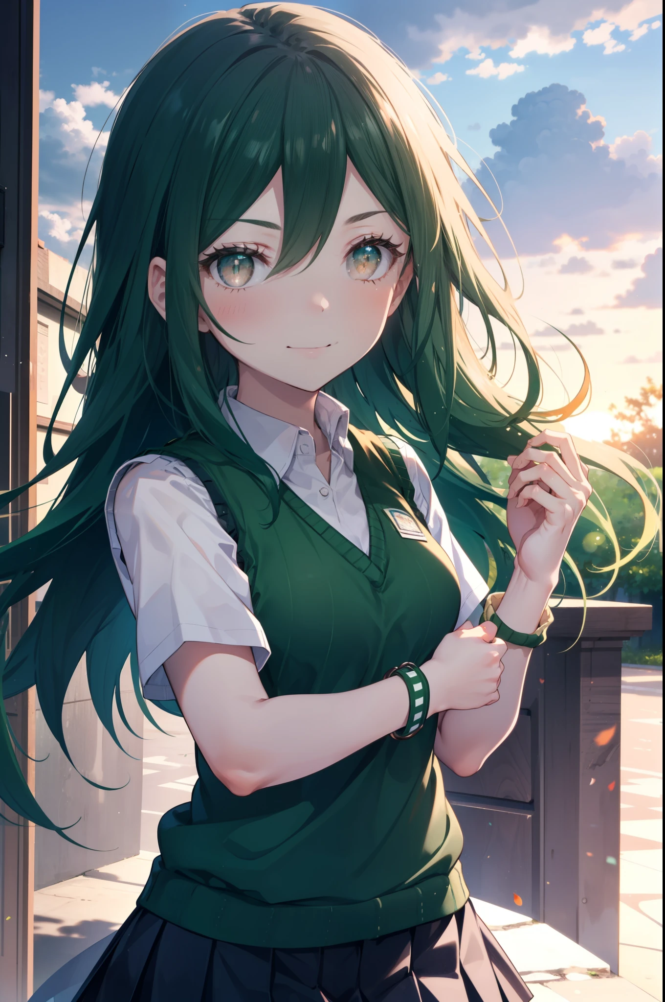 CruschKarsten, Crusch Karsten, Long Hair, Hair between the eyes, Green Hair, (Brown eyes:1.4),smile,,
Armband, White shirt,Short sleeve,Sweater vest, (green Sweater vest:1.5),Black pleated skirt,Black socks,Brown Loafers,whole bodyがイラストに入るように,Sunset,evening,The sun is setting,歩いている
break outdoors, School　courtyard,
break looking at viewer,whole body,
break (masterpiece:1.2), highest quality, High resolution, unity 8k wallpaper, (shape:0.8), (Beautiful and beautiful eyes:1.6), extレムely detailed face, Perfect lighting, extレムely detailed CG, (Perfect hands, Perfect Anatomy),